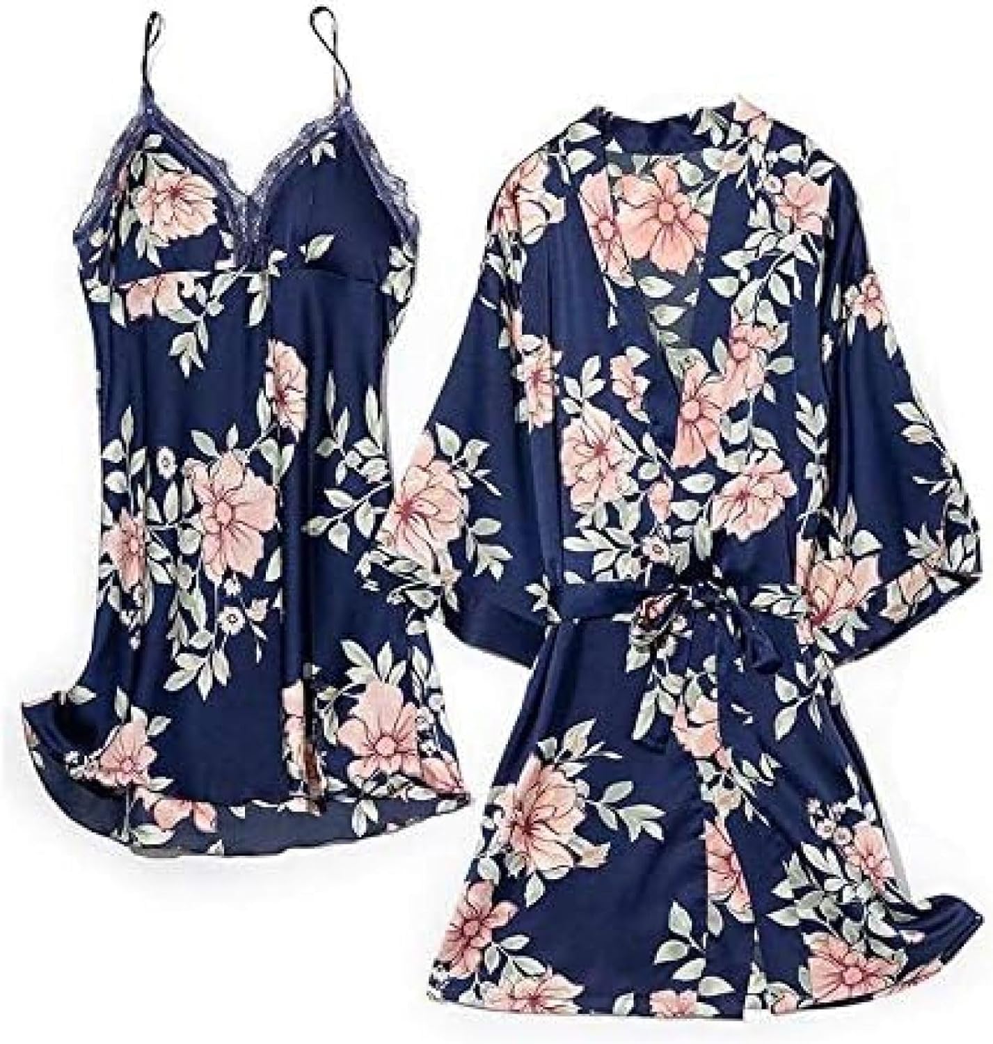 5PCS Pajamas Suit Lady Summer Pyjamas Sleepwear Loose Thin Sleep Set Sexy Printed Flower Kimono Robe Gown Casual Nightwear,Blue 2pcs Set,L