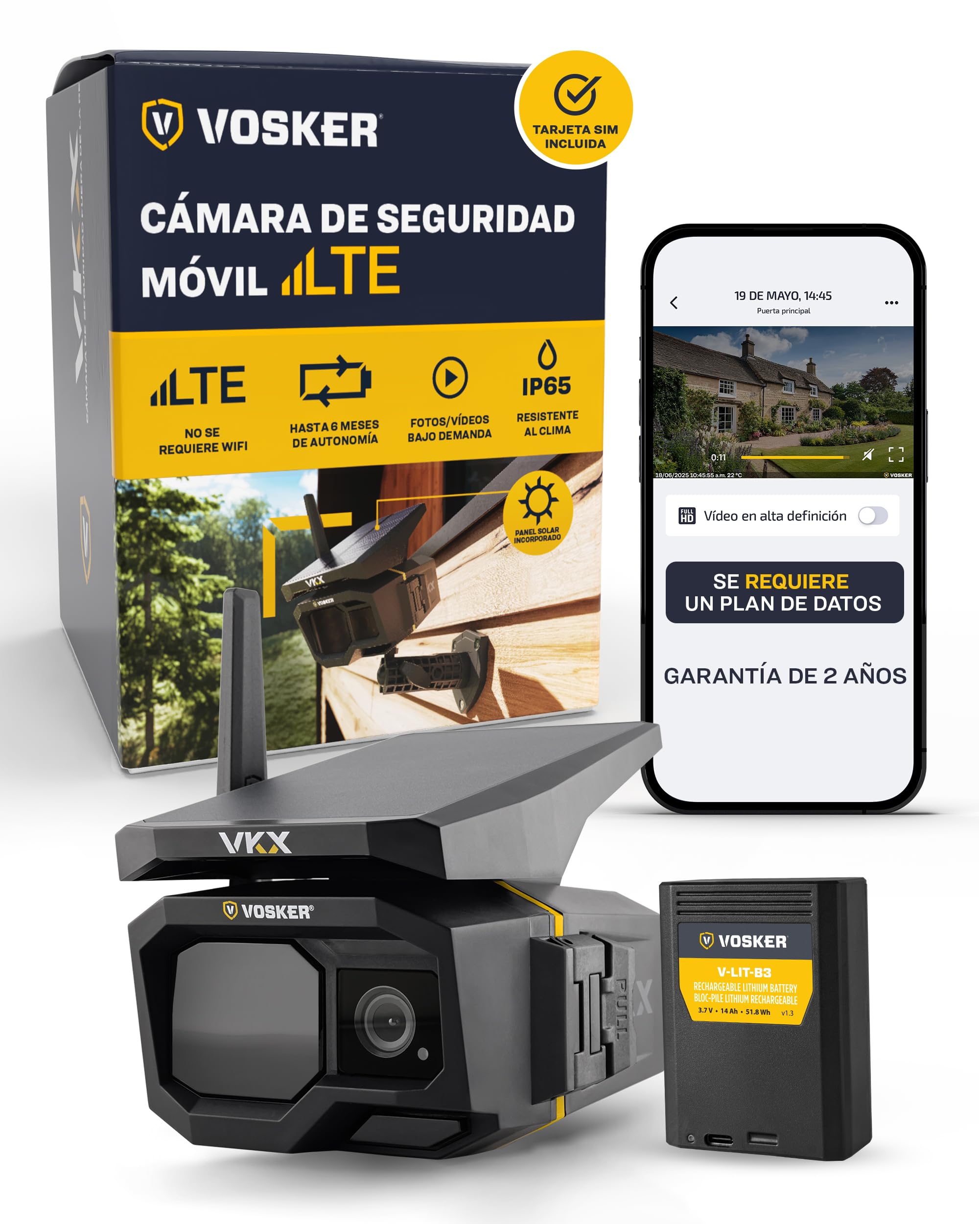 Vosker VKX Cámara de Seguridad 4G-LTE para Exteriores con energía Solar – Sin WiFi, detección de Movimiento, visión Nocturna, SIM incluida, vídeo de 15s a Demanda, IP65