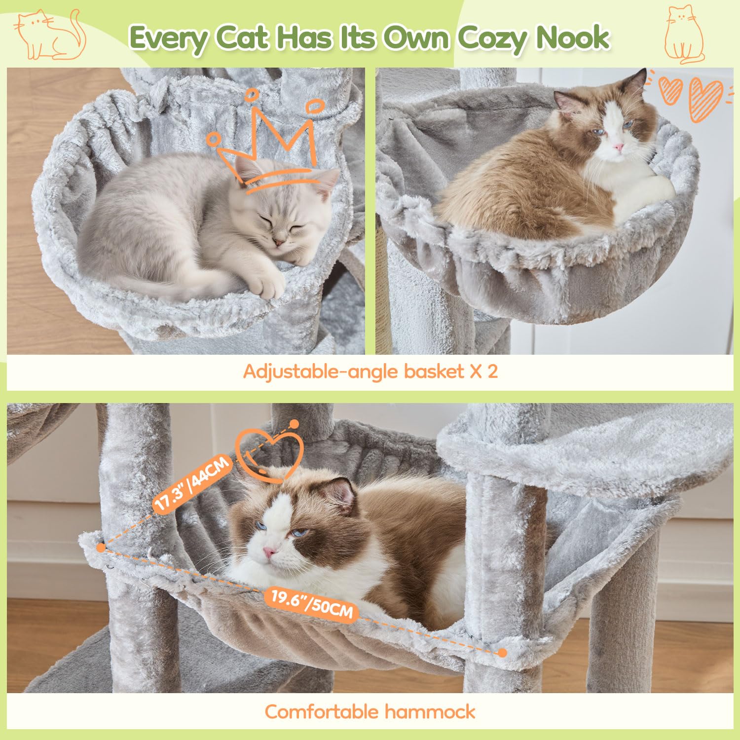 Taoqimiao 72 Inch Cat Tree, XXL Cat Tower for Indoor Cats Large Adult 25Lbs+, Extra-Large Platform, 2 Cat Houses, 7 Scratching Post, Extra-Sized Durable Hammock, Cozy Basket, Smoky Gray, F20G: Light Gray