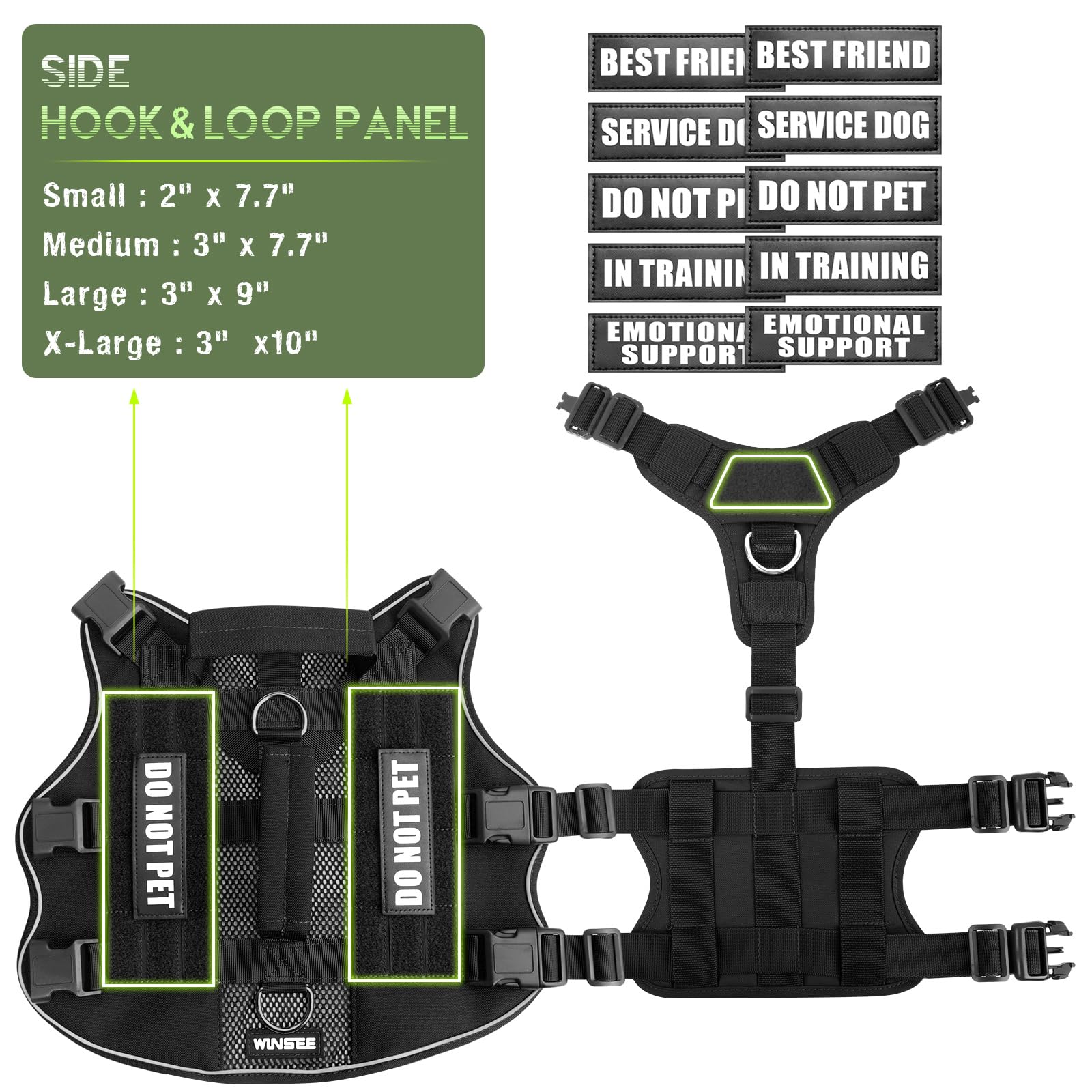 WINSEE - Arnés de malla de entrenamiento para perro con 10 parches para mascotas, malla de aire suave, transpirable, chaleco táctico Molle para perro, chaleco reflectante militar sin tirones, con
