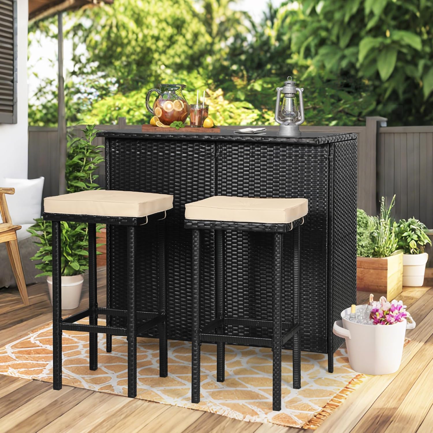 3-Piece Patio Outdoor Bar Set with Two Stools and Glass Top Table Patio Brown Wicker Furniture with Removable Cushions for Backyards, Porches, Gardens or Poolside