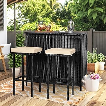 3-Piece Patio Bar Set with Two Stools and Glass Top Table