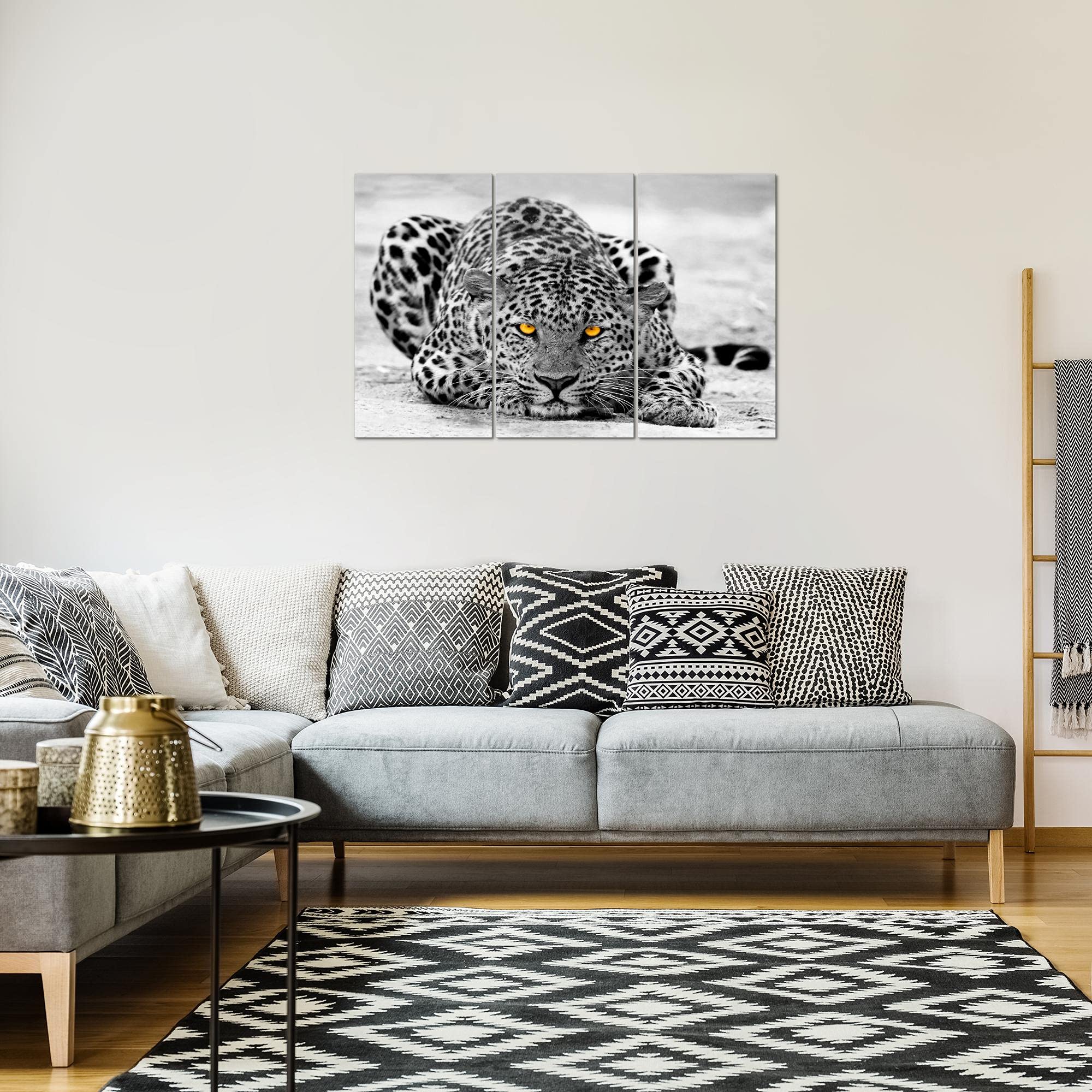 Runa Art África Leopardo Cuadro Decorativo para Sala XXL Amarillo Gris Grandes Felinos 120 x 80 cm 3 Piezas Decoración de Pared 000331a