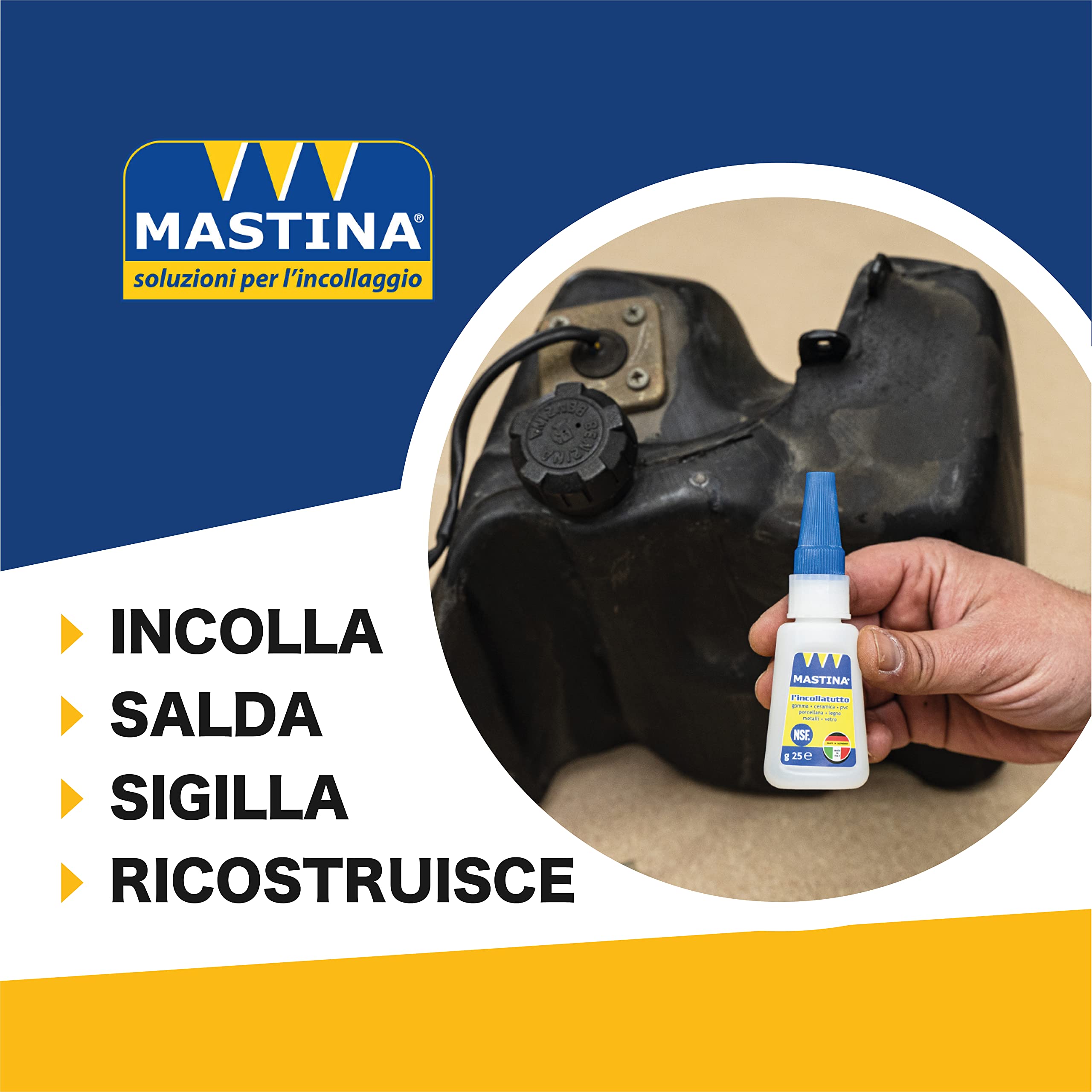 Mastina, Kit Completo di Riparazione con Boccetta Maxi Incollatutto 25g + 3 Sabbie Minerali da 20g (Bianca, Grigia, Nera) + 5 beccucci di precisione