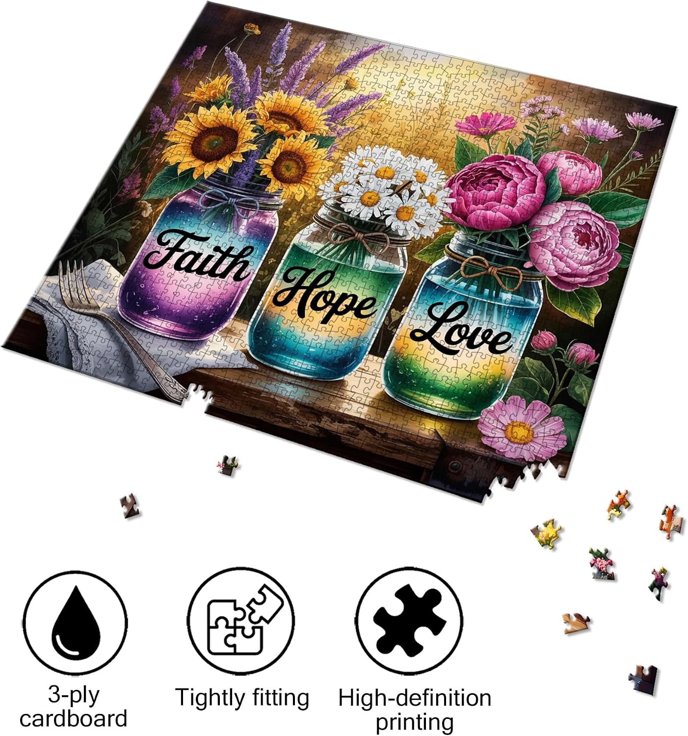 Special Shape Puzzles for Adults 1000 Pieces - Faith Hope Love Jigsaw Puzzle Challenging Impossible Puzzle, Unique Home Decor & Game (21.6x19.2Inch/55x49cm) for Puzzle Lovers