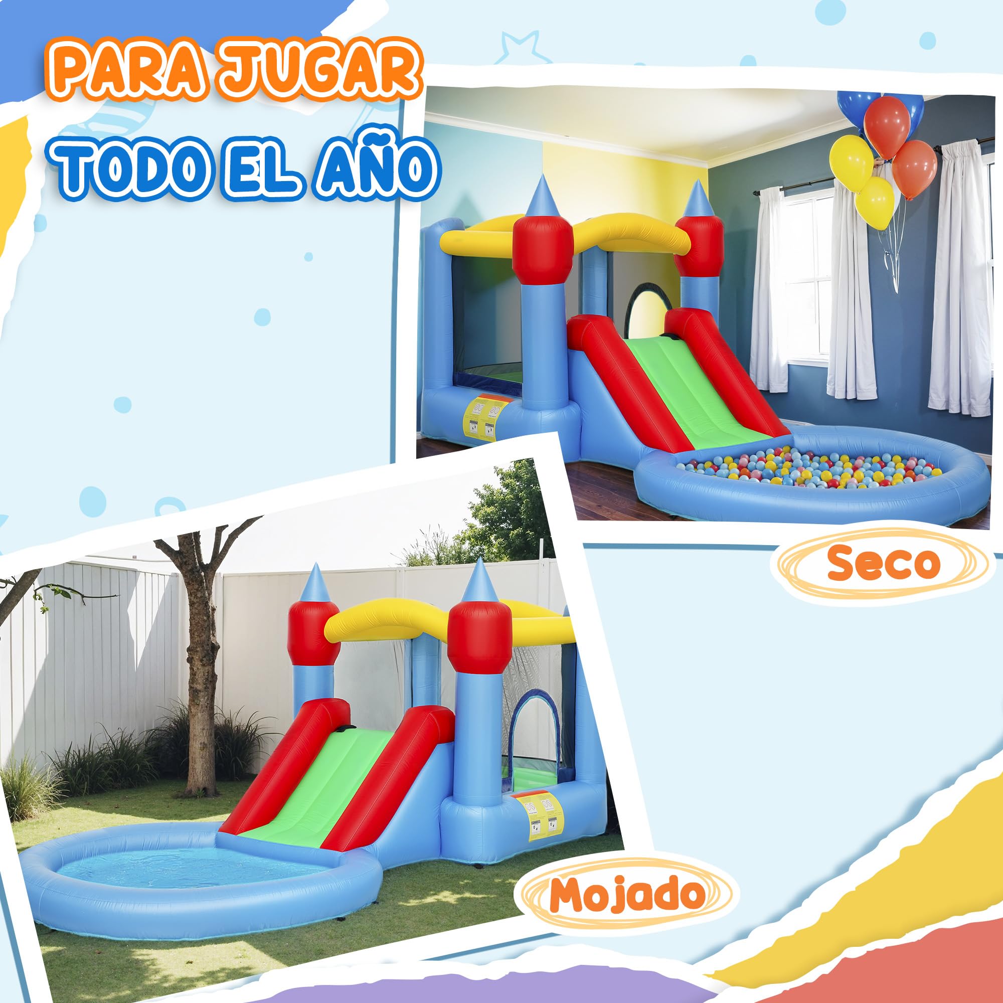 AIYAPLAY Castillo Hinchable con Soplador 4 en 1 Castillo Inflable para Niños con Tobogán Foso de Bolas Canasta y Bolsa de Transporte para Exterior Interior 415x205x190 cm