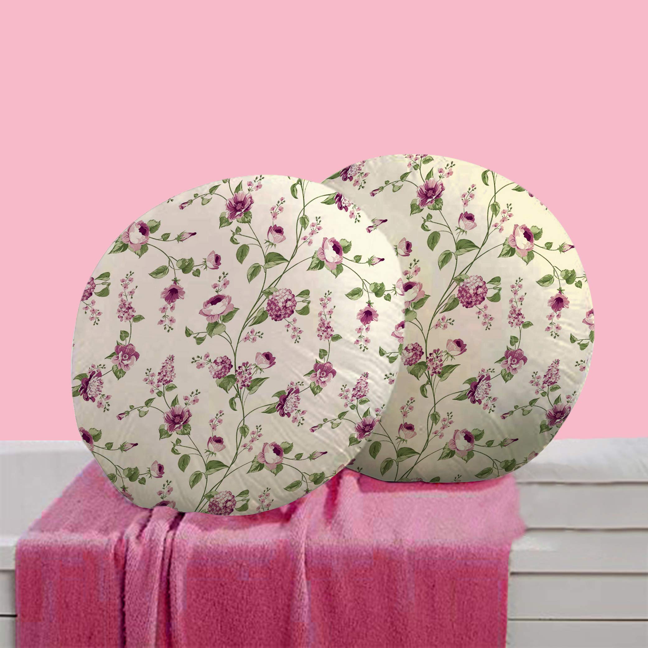 RADANYA Floral Digitally Printed Round Cushion Cover Pillow Case Home Décor Set of 2,16 Inches,Dark Purple