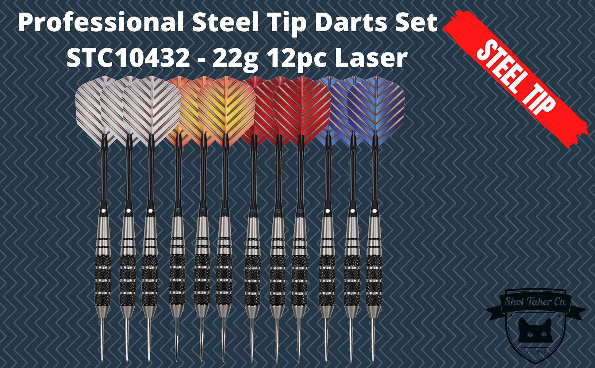 Steel Tip Darts Set - Professional 12PC Darts Steel Tip for Dartboard - Includes Steel Brass Barrels + Plastic & Aluminum Shafts + O-Ring's + Flights & Protectors + Sharpener + Wrench (22g-STC10432)
