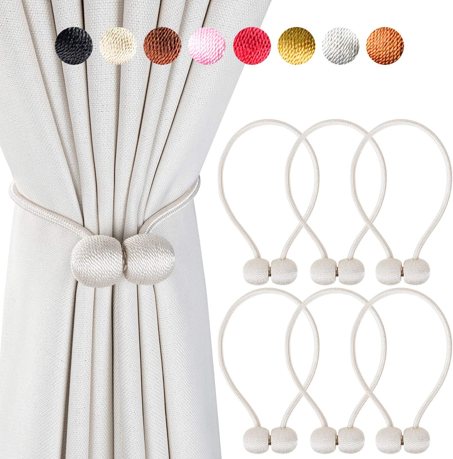 Giayouneer Curtain Tiebacks, Magnetic Curtain Buckle - 6 Pack 16 Inch Strong Magnetic Window Clips Tie Band Backs Holders, European Style Simple Modern - 3 Pairs （ Beige ）