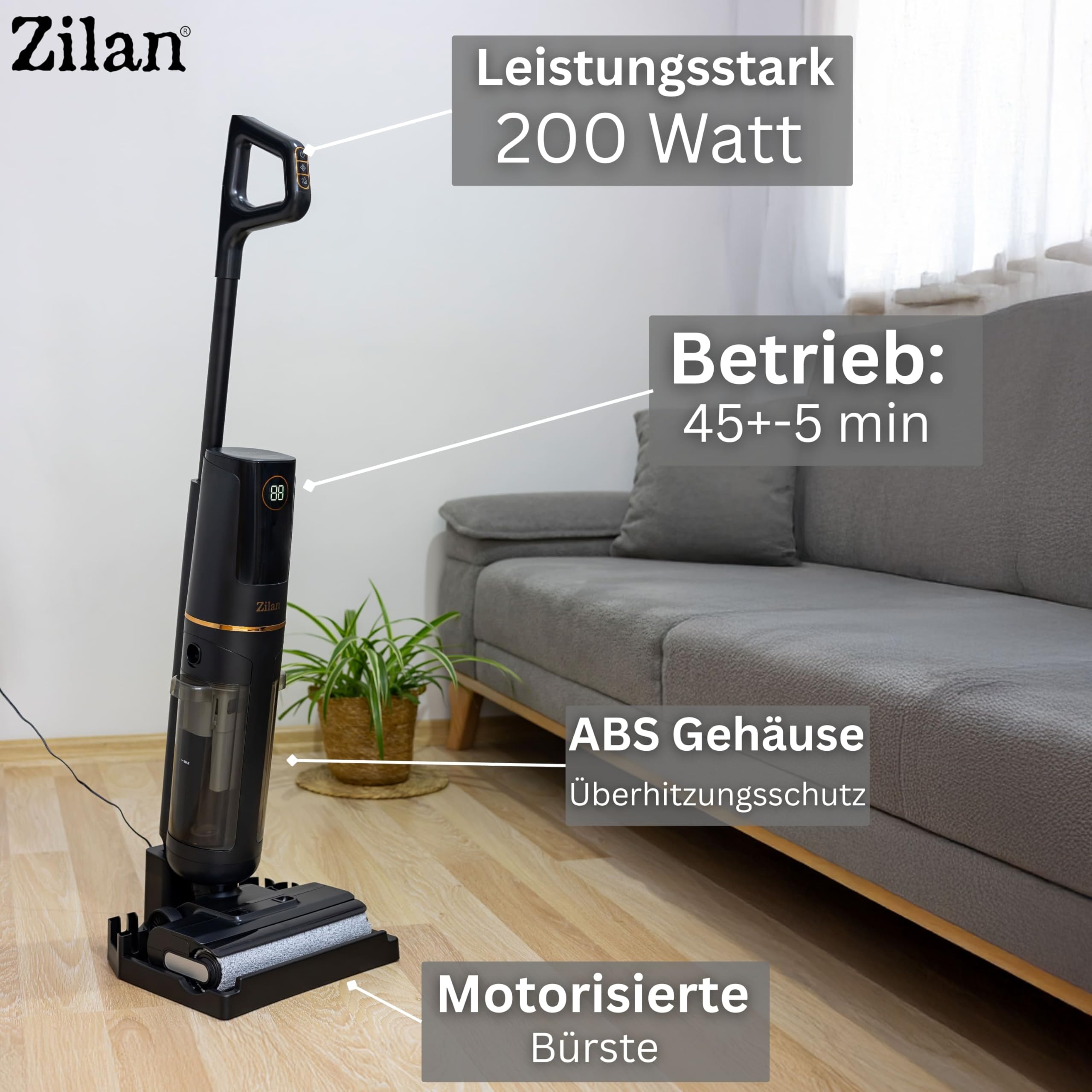 Zilan Akku Nass-Trockensauger mit Wischfunktion – Kabelloser Wischsauger & Staubsauger, Nass-Trocken-Sauger 2-in-1 Saugwischer Akkusauger Bodenreiniger für Alle Hartboden, BLDC-Motor Selbstreinigung