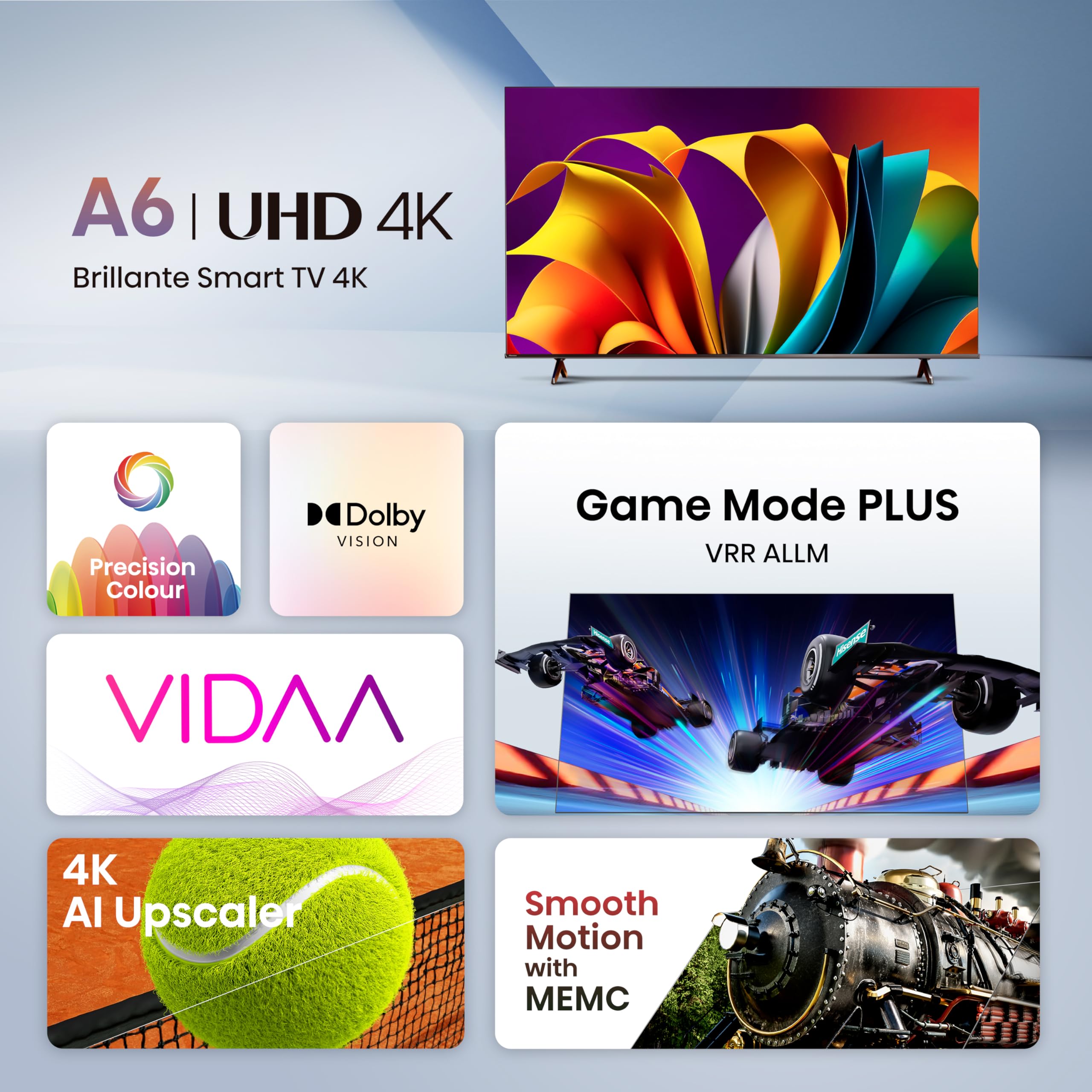 Hisense TV 55" 4K Ultra HD 55A6N, Smart TV VIDAA U7, Dolby Vision, HDR 10+, DTS Virtual:X, Game Mode, Alexa Built-in, VIDAA Voice, Tuner DVB-T2/S2 HEVC 10, lativù 4K, 55'', 2024 LED