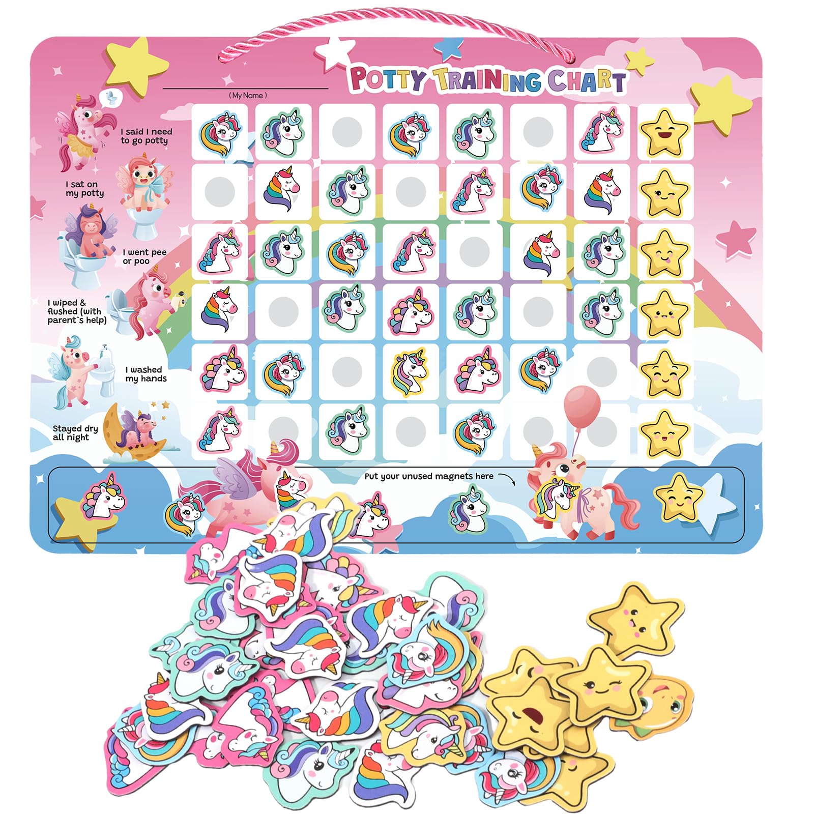 Potty Training Reward Chart, Magnetic Toilet Training Chart with 60 Reusable Magnetic Stickers, Interactive Reward Chart for Toddlers Girls Boys (Unicorn)