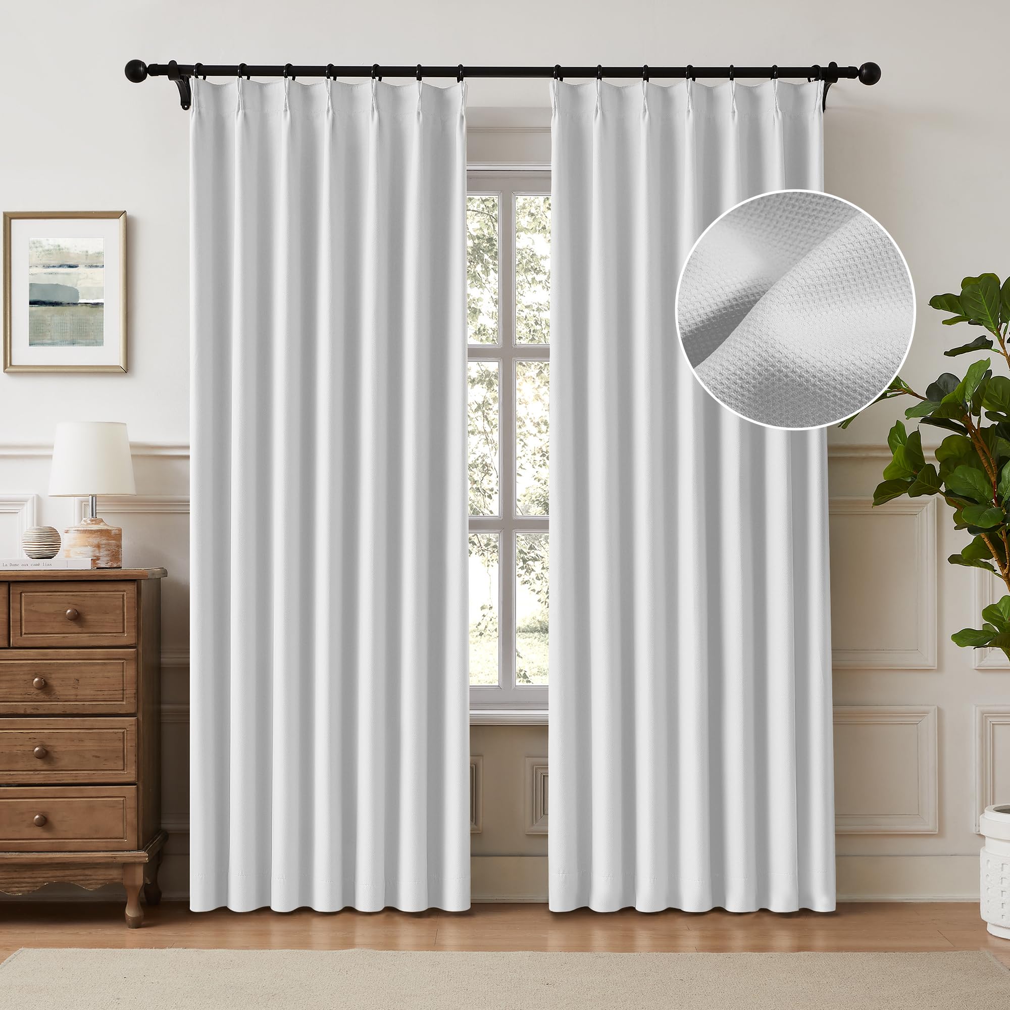 FAPLIGLISY White Pinch Pleated Full Blackout Curtains Thermal Insulated Window Curtains 63 inch for Bedroom Living Room Darkening with Hooks Rings Back Tab Pinch Pleat Drapes, 2 Panels 40