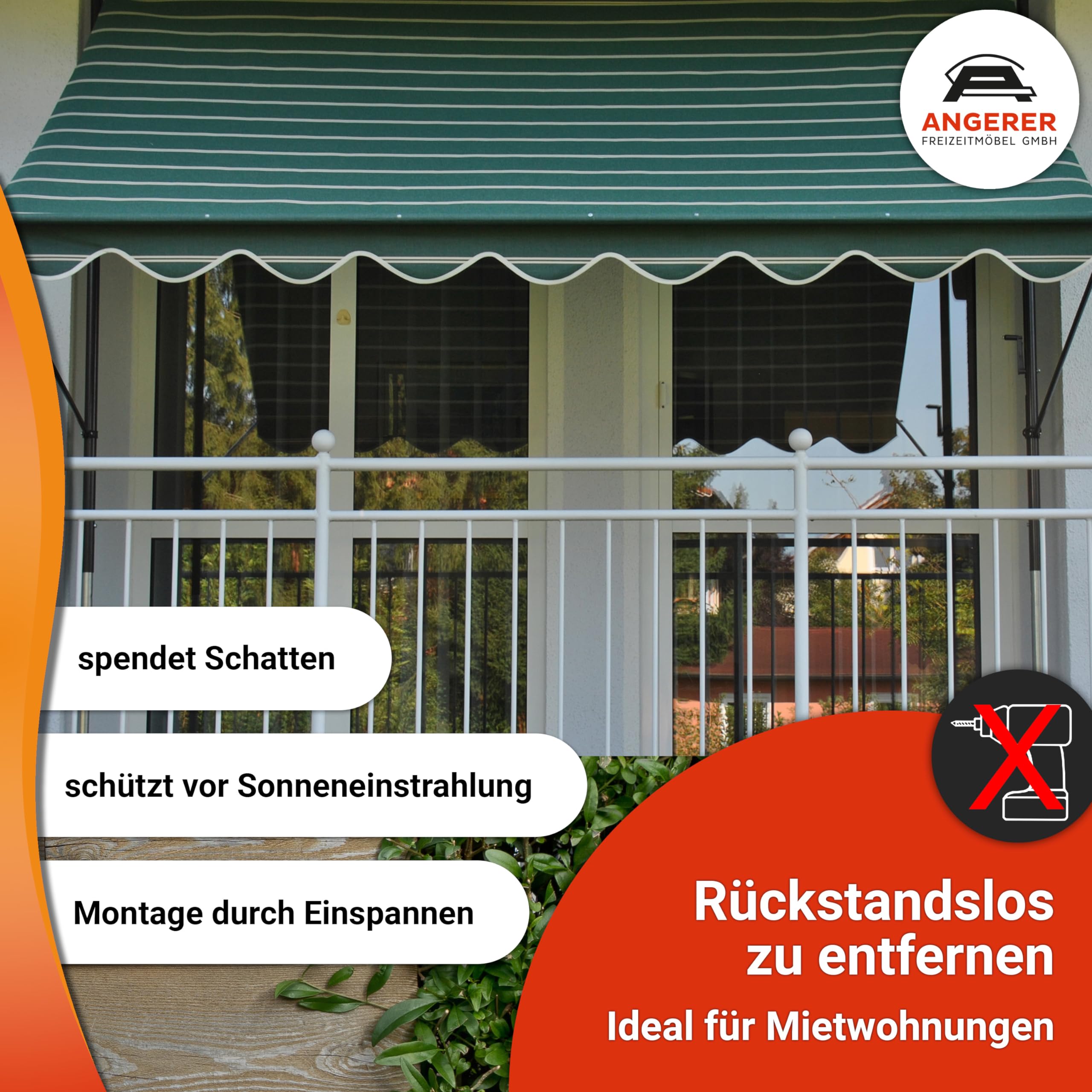 Angerer Klemmmarkise Exklusiv mit Handkurbel, Terrasse/Balkon, einfache Montage ohne Bohren, Made in Germany, hochwertiger Stoff, UV-beständig, höhenverstellbar, wasserabweisend, 300 cm Orange-Braun