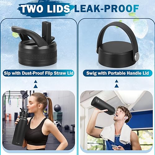 Miniatura 4 de TaroKitc Botellas de agua aisladas de 64 onzas con popote, 2 tapas, botella de agua deportiva de acero inoxidable aislada al vacío de medio galón,