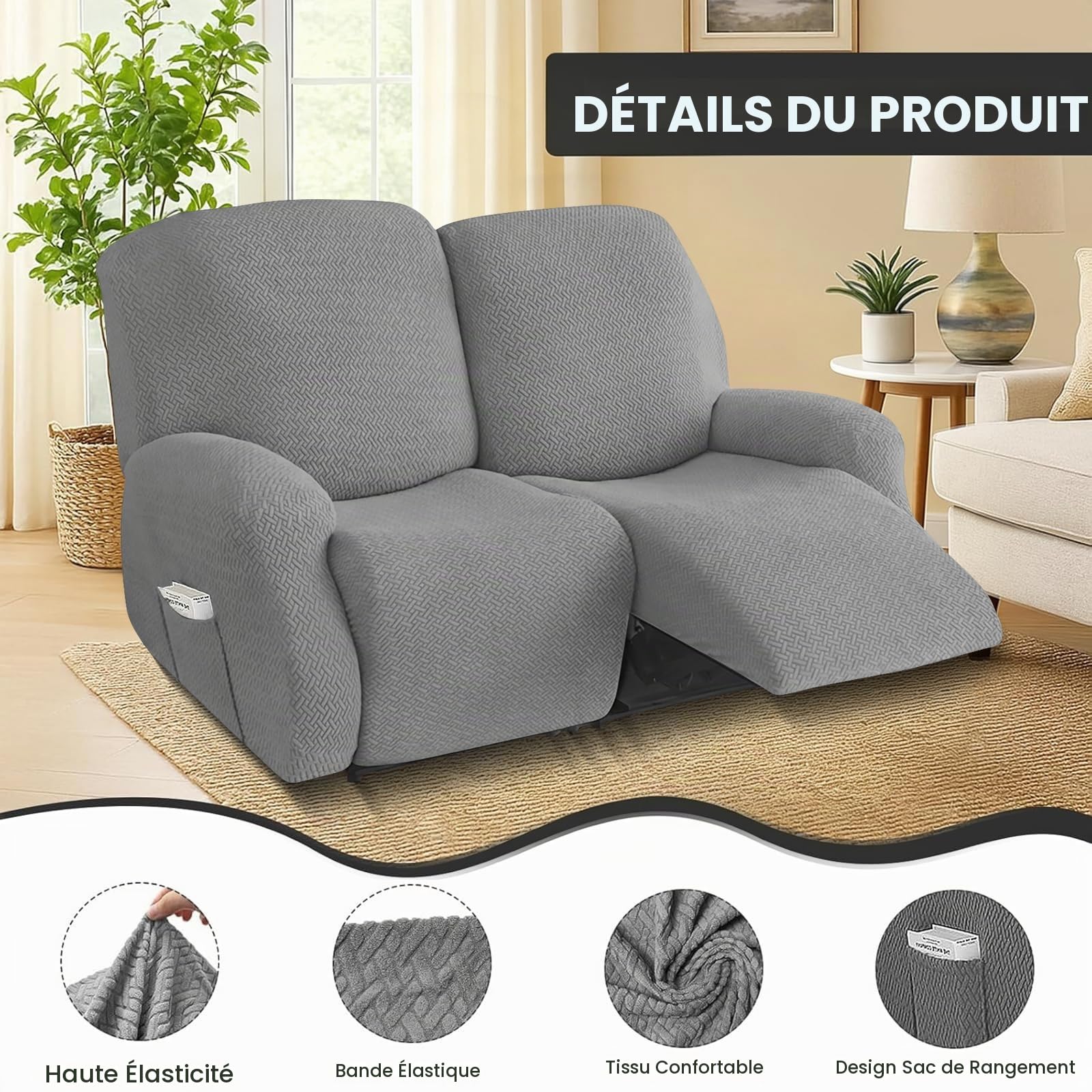 Housse Fauteuil Relax 2 Places,Housse de Fauteuil Extensible avec Poches, Housse Canapé Relax Jacquard Rayé Tout Compris, Protège Fauteuil pour Fauteuil Inclinable (Gris Clair, 6 Pièces)