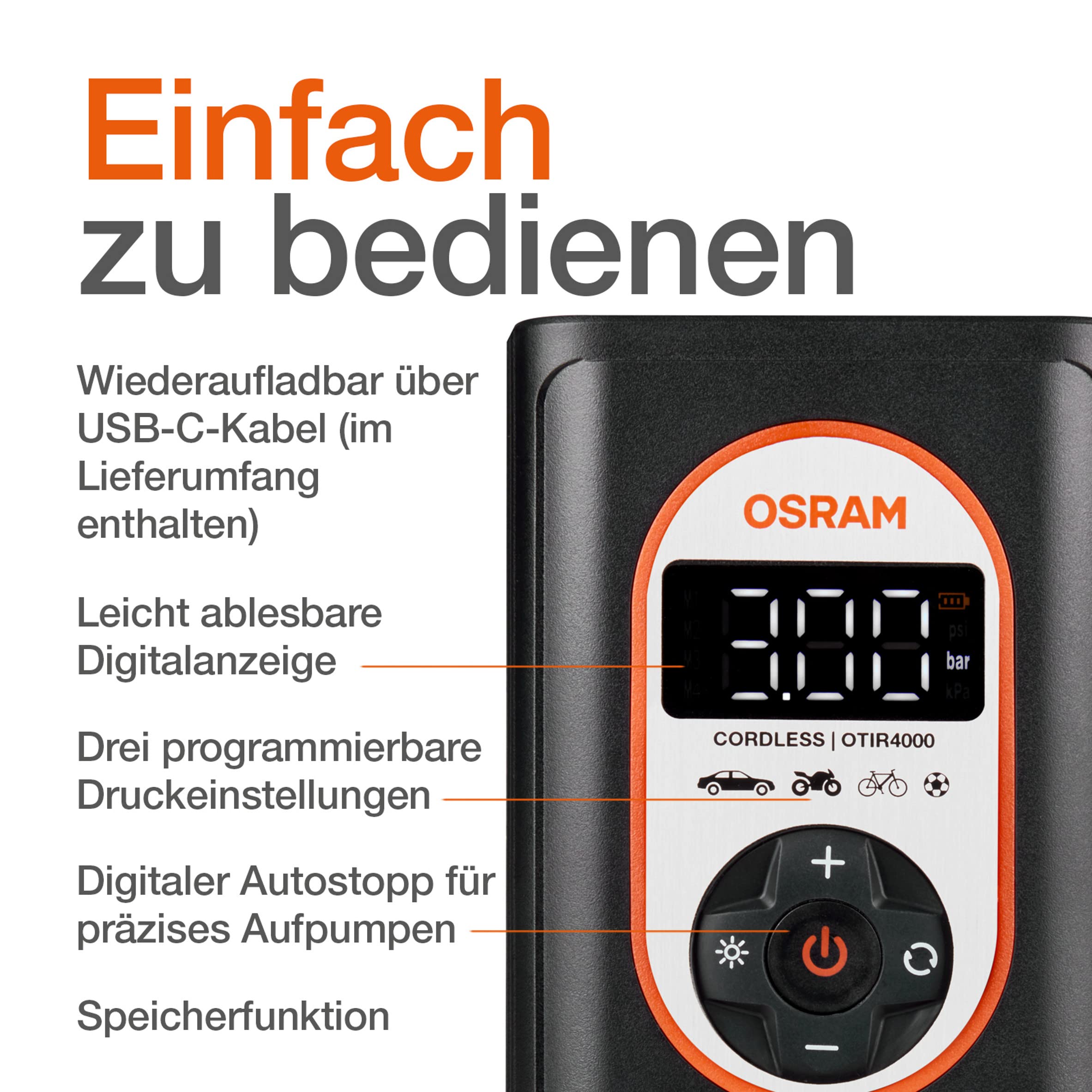 OSRAM TYREinflate 4000, wiederaufladbarer und kabelloser Reifenfüller, programmierbarer digitaler Luftkompressor mit Auto-Stopp und LED-Licht, Reifenbefüllung in 3,5 Minuten | programmierbarer digitaler Luftkompressor mit Auto-Stopp und LED-Licht, Reifenb