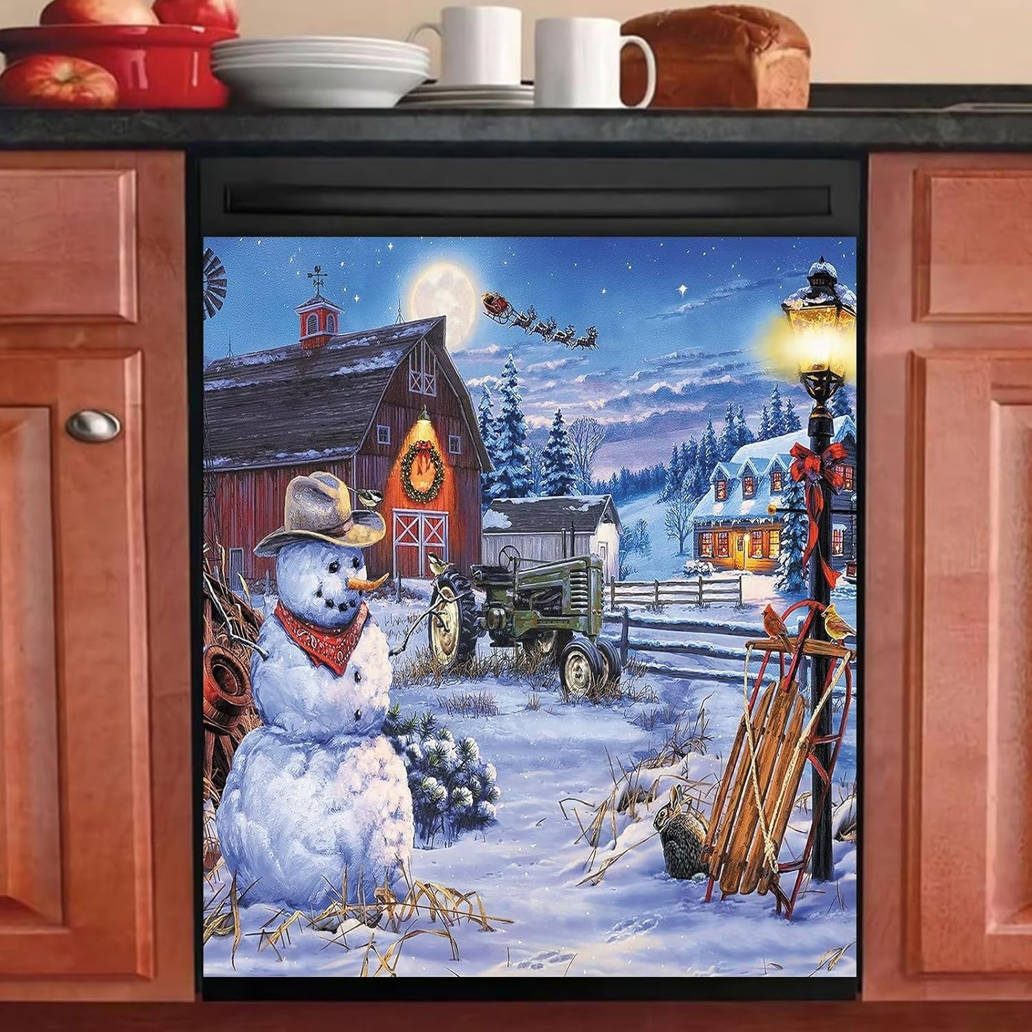 Holiday Snowman Dishwasher Cover Vinyl Sticker for Farm Barn House Retro