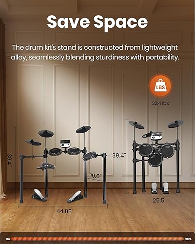 Miniatura 7 de Fesley Juego de batería eléctrica 5 tambores 3 platillos con 4 almohadillas de tambor de malla silenciosa, juego de batería electrónica para adultos
