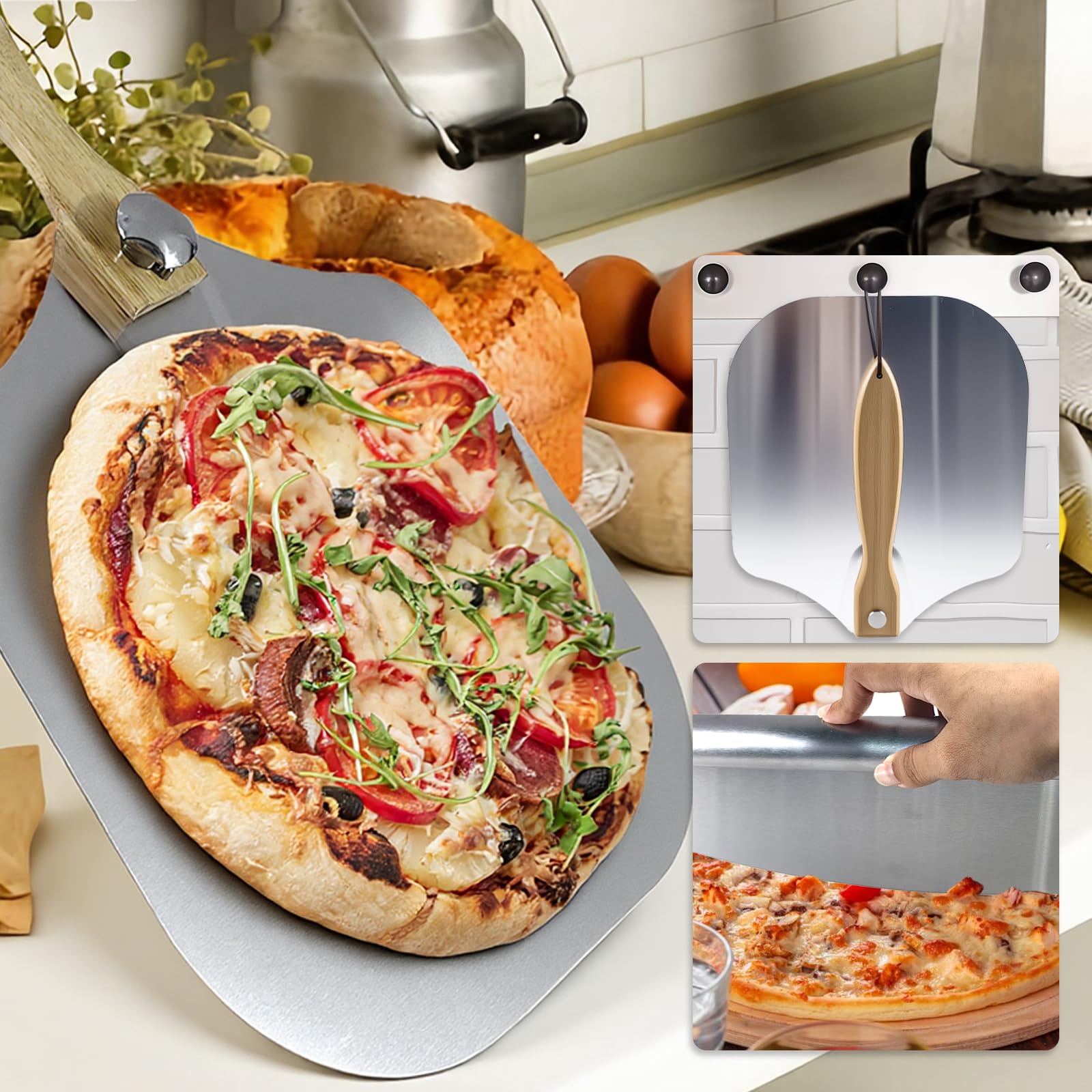 Ensemble Pelle à Pizza 3 Pièces, Pizza Accessoires Comprenant Pelle a Pizza 30 cm Aluminium avec Poignée en Bois Rotative, Coupe Pizza Acier Inoxydable et Pelle à Fromage