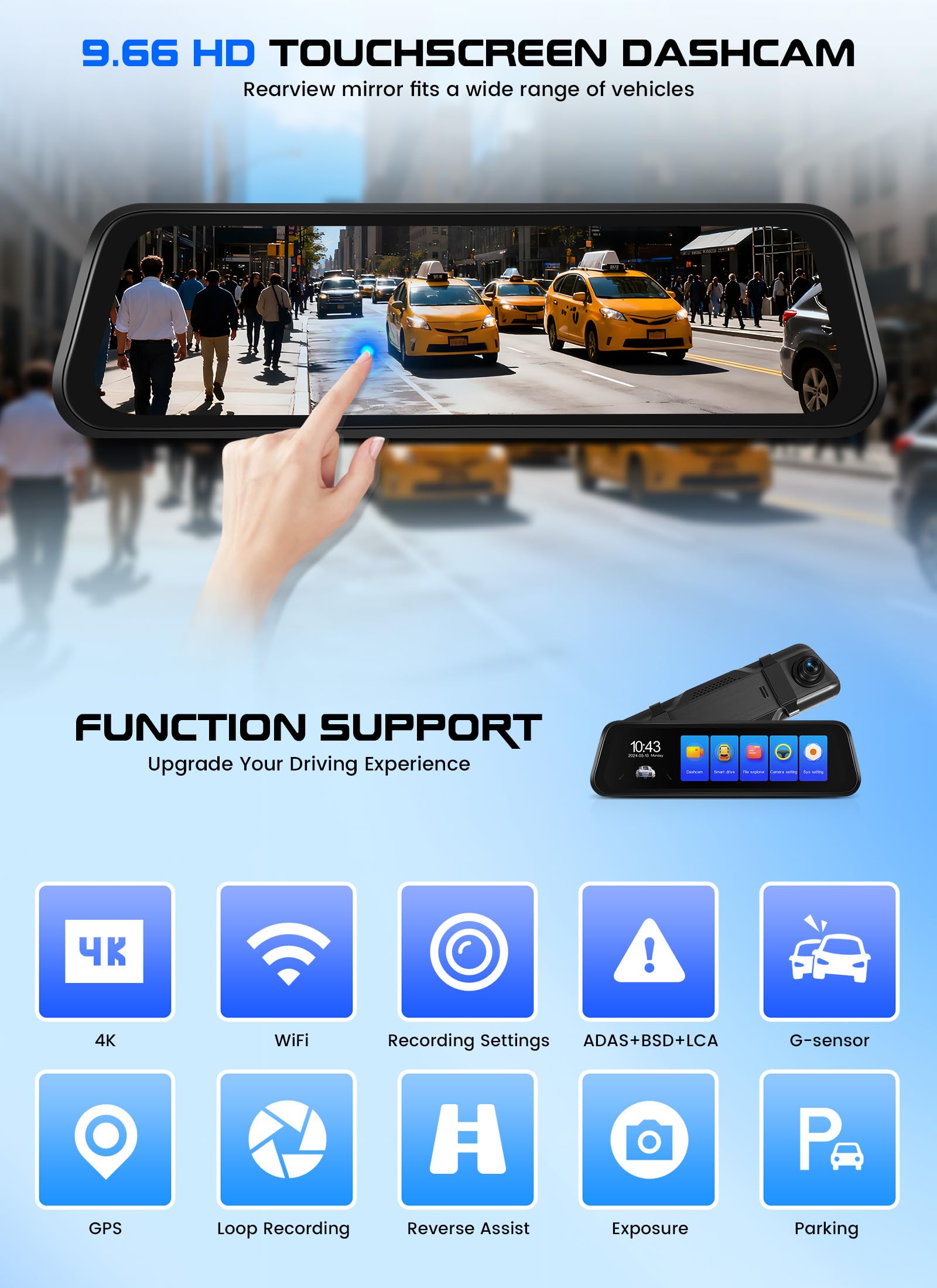CAMECHO 9.66'' 4K Pantalla Táctil Dashcam Retrovisor Coche, Dash Doble CAM Frente y Trasero, Cámara Retrovisor para Coche con visión Nocturna,grabación en Bucle, Sensor G, GPS, ADAS, BSD