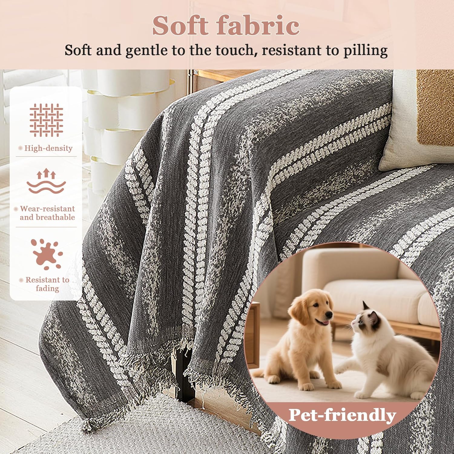 French Chenille Couch Covers for 2-3 Cushion Sofa - L Shape Pet Sofa Slipcover Soft Sofa Cover Washable Furniture Protector