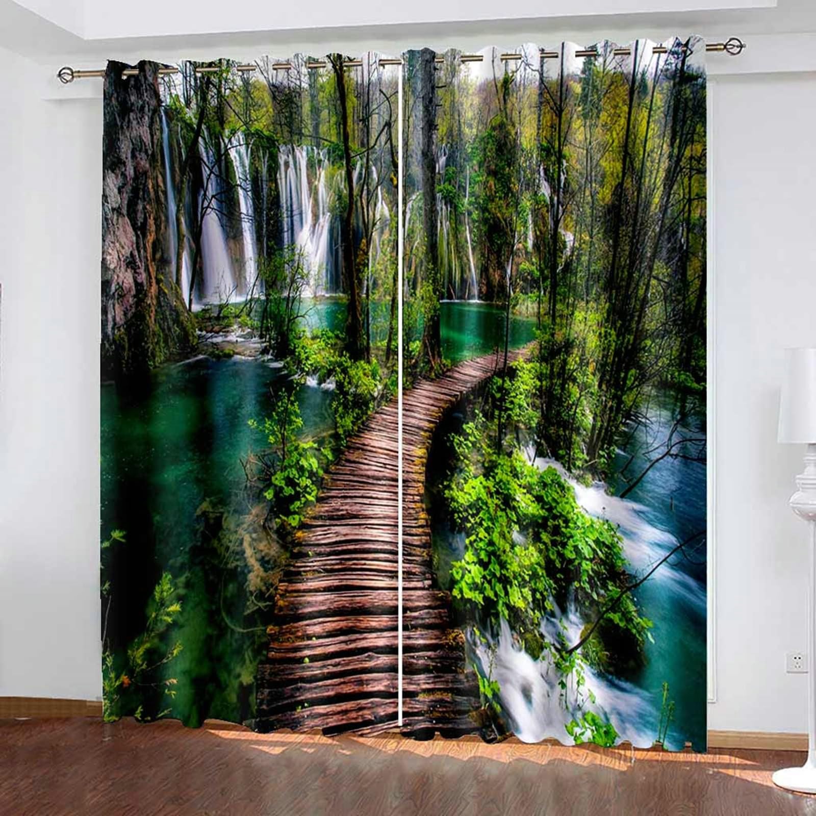 Gualiy Vorhänge Ösen 2er Set, Vorhang Blickdicht 214x274cm Natur Wasserfalllandschaft Vorhang Schlafzimmer