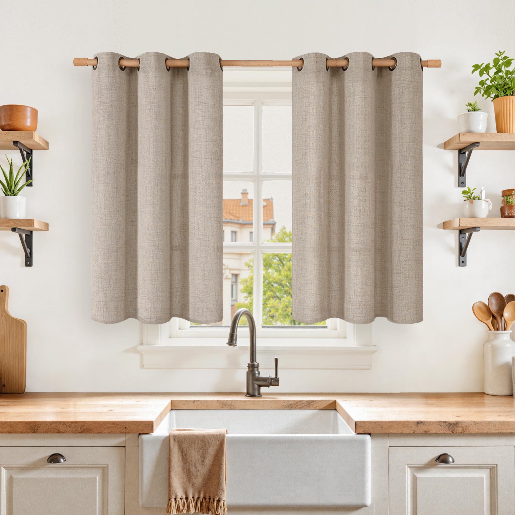 View 1 of YoungsTex Burlap Linen Curtains 40 lnch Length for Kitchen Window