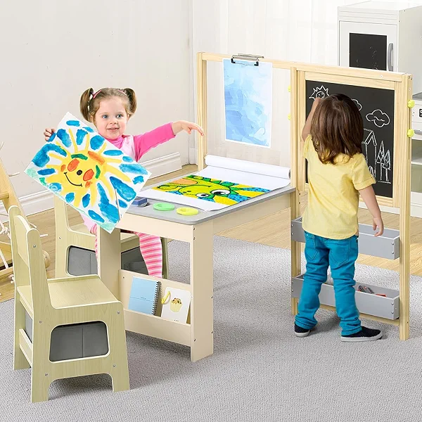 Wooden Easel for Kids, Kids Art Table and 2 Chairs,Art Center With Double-Sided Blackboard & Whiteboard, Paper Roll for Drawing, Crafts, Writing, Toddler Activity Table With Storage, Kids Table and Ch