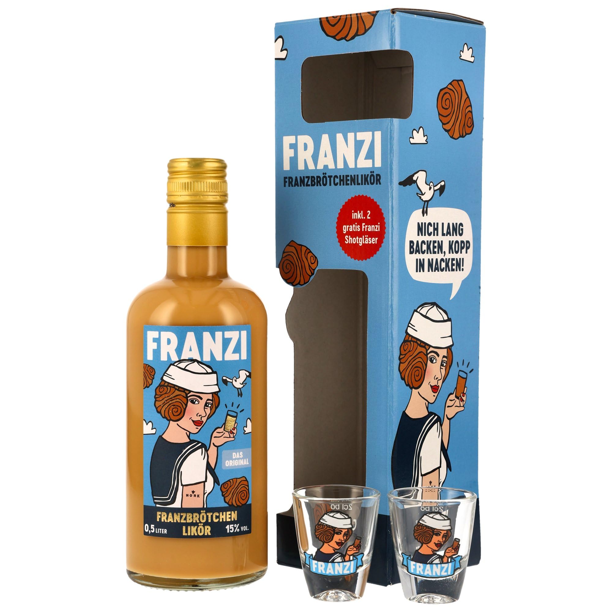 Franzi Franzbrötchenlikör 15% Vol. 0,5 Liter im Geschenkset mit 2 Gläsern