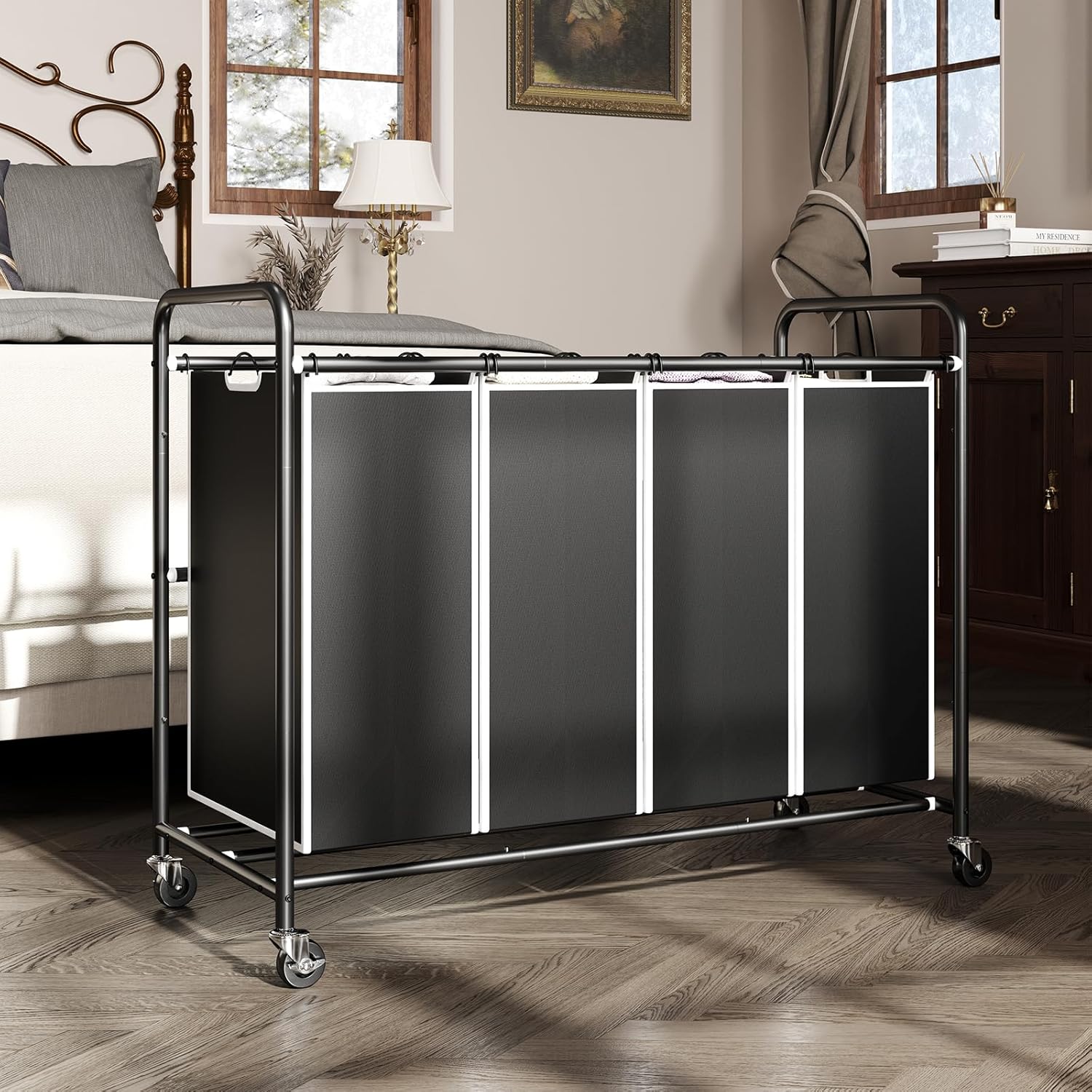 Black 4-Compartment Rolling Laundry Sorter with Removable Bags