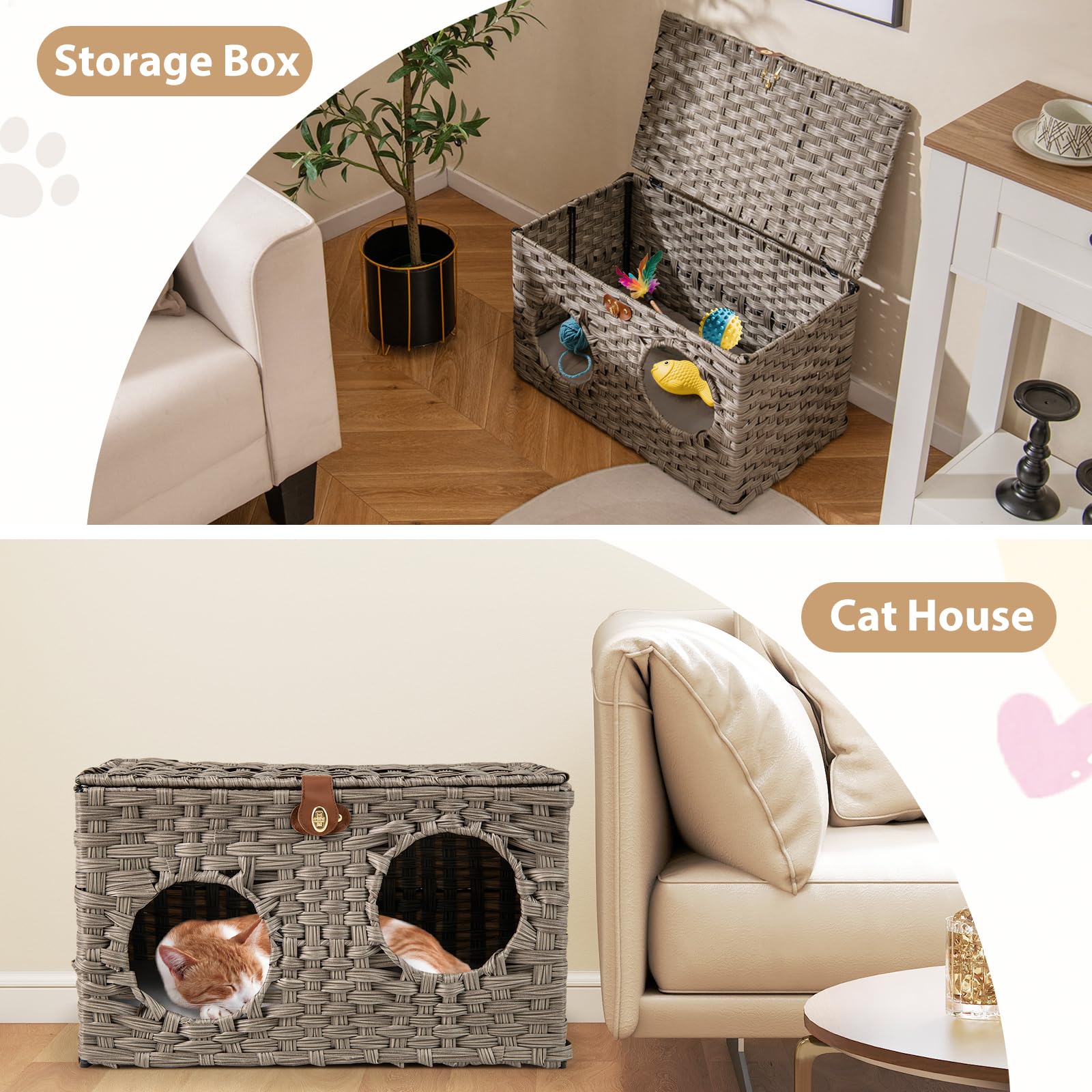 GYMAX Cuccia pieghevole per gatti, in rattan, con cuscino morbido lavabile e coperchio bloccabile, per interni, soggiorno e camera da letto (grigio, 60 x 35 x 35 cm)