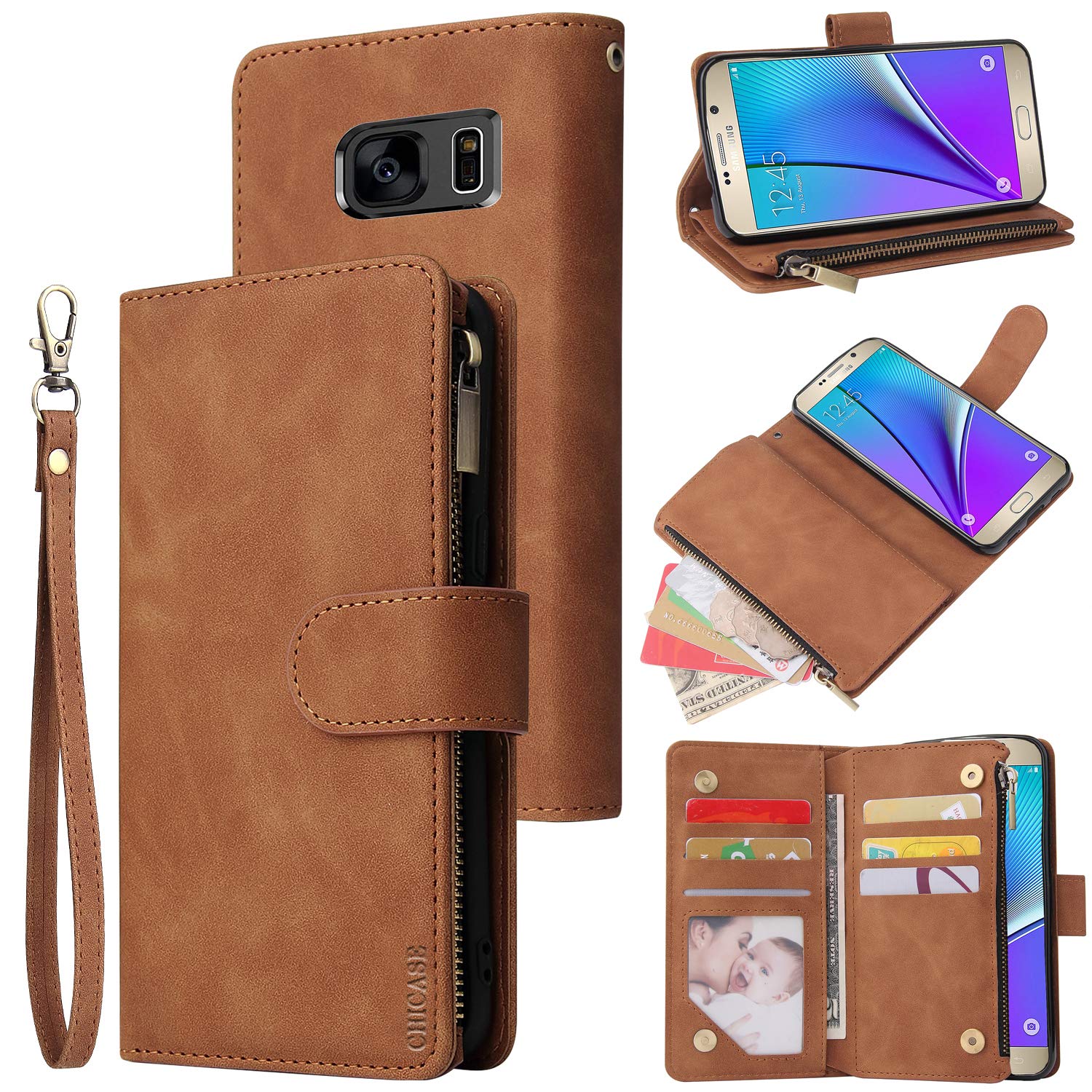 CHICASE Wallet Case for Galaxy Note 5,Samsung Note 5 Case,Leather Handbag Zipper Pocket Card Holder Slots Wrist Strap Flip Protective Phone Cover for Samsung Galaxy Note 5(Brown)