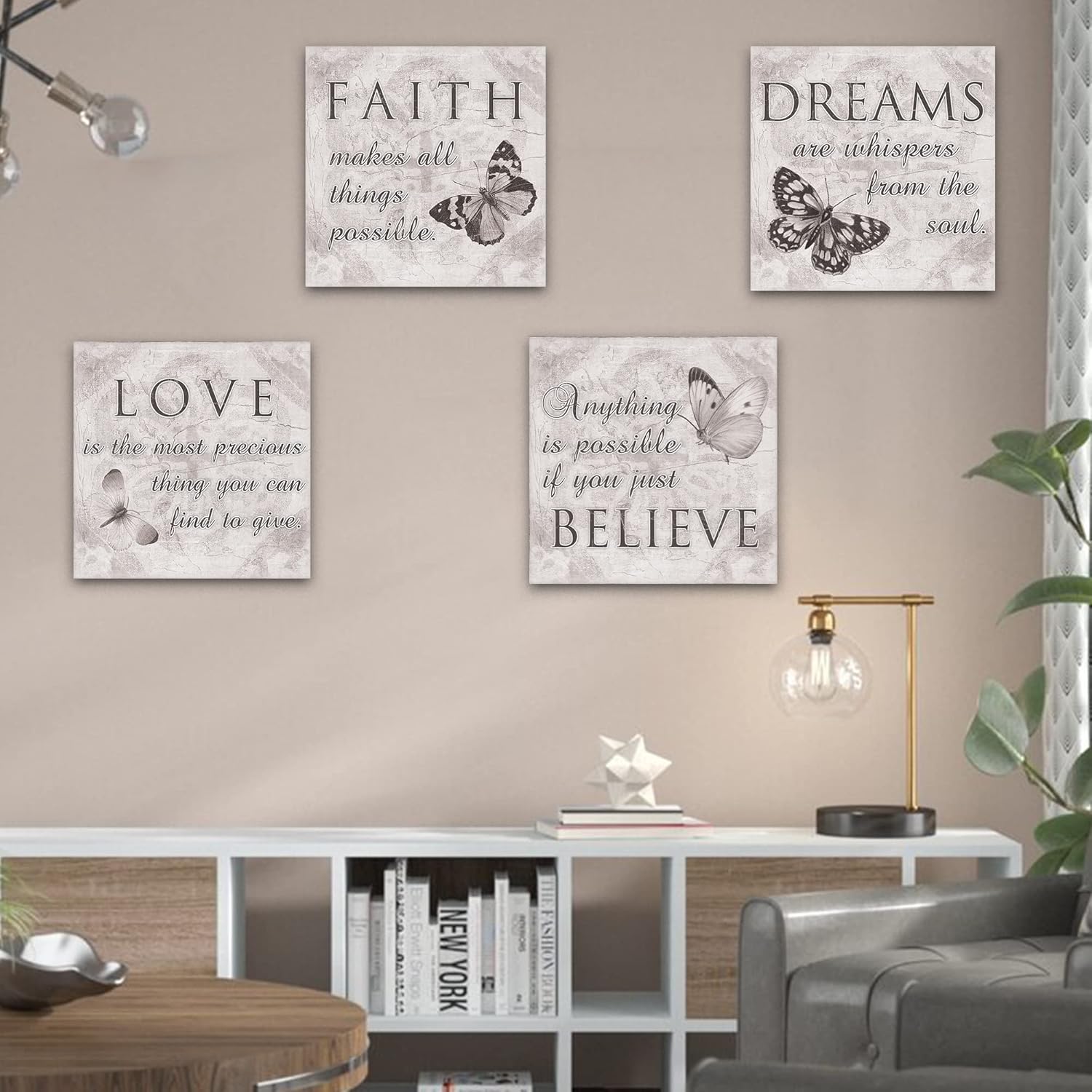 Butterfly Wall Art Grey Love Dream Faith Believe Quotes Pictures Bathroom Bedroom Living room Wall Decor Canvas Posters Prints (12 * 12inch*4)
