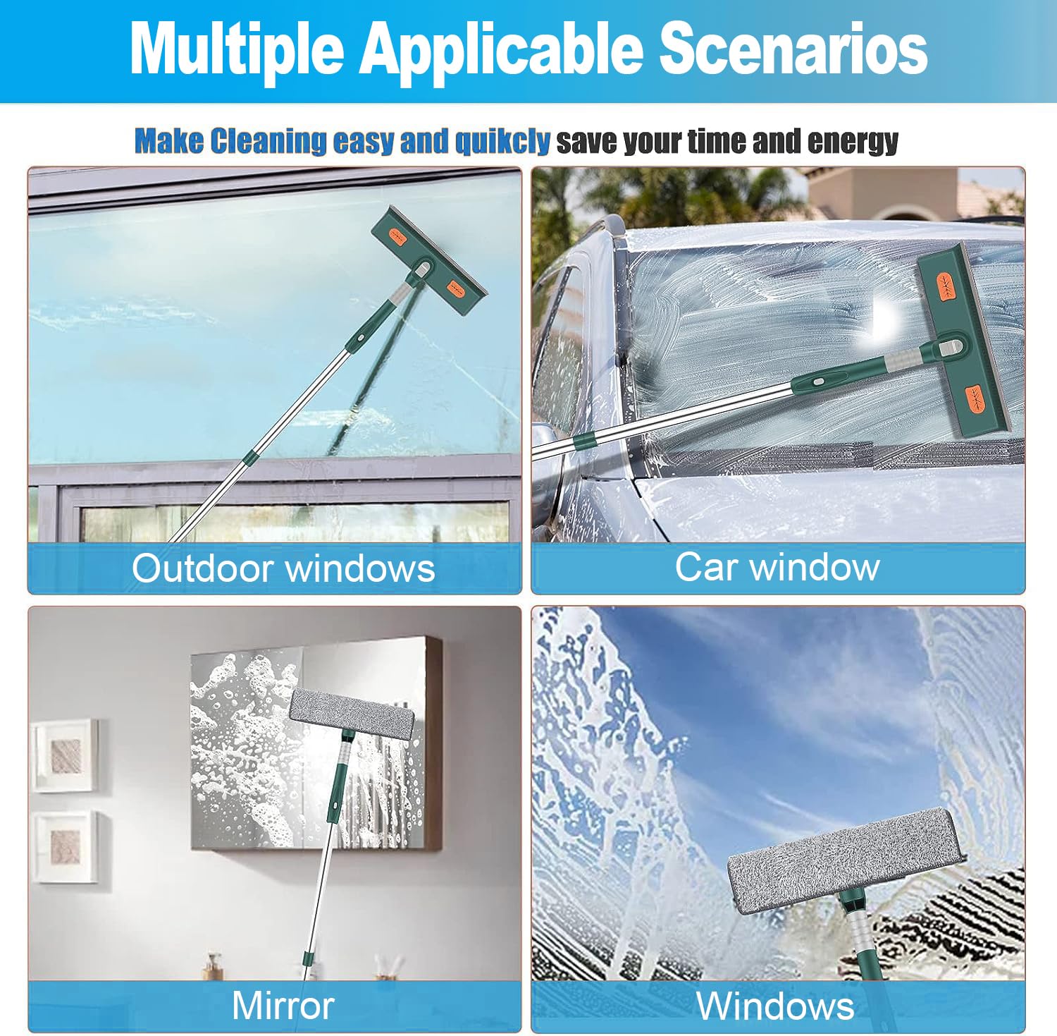Limpiacristales 2 en 1, 210 cm Profesional Limpiador de Ventanas con Mango Telescópico y Cabezal Giratorio, Limpiacristales para Ventanas Altas, Ducha, Vidrio, Automóvil