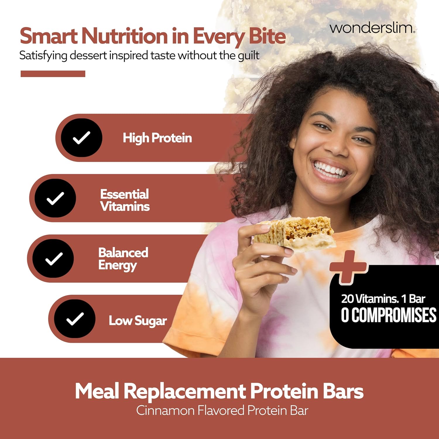 WonderSlim Meal Replacement Protein Bar, Cinnamon, 15g Protein, 20 Vitamins & Minerals, Gluten Free (7ct)