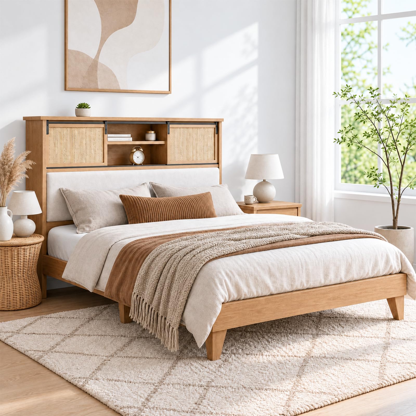 GarveeHome Queen Bed Frame, Wood Platform Bed with Storage Headboard