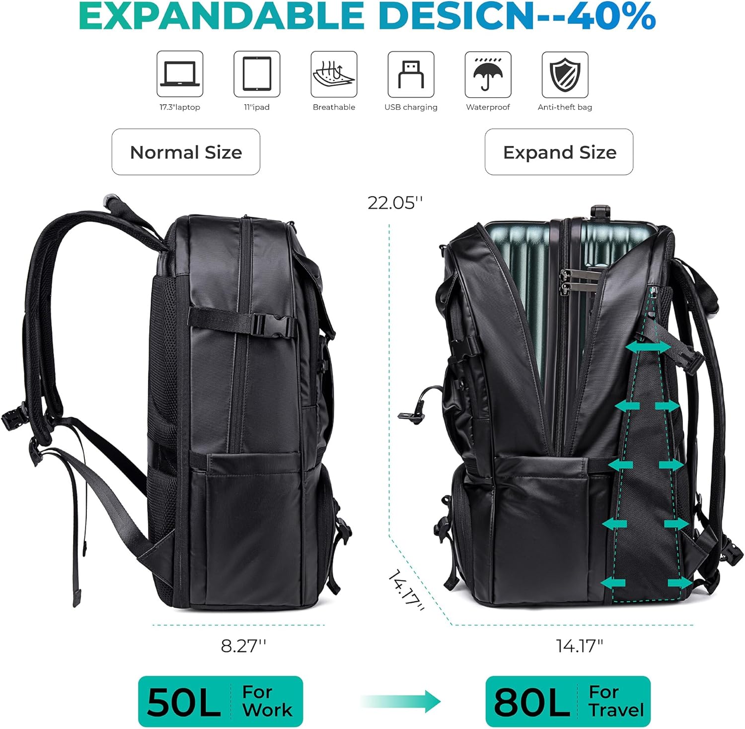 Sports Backpack 50L to 80L Expandable Mutifunction Flight Approved Backpacks 17.3 inch Laptop bags Water Resistant Business Sports BackPack for Women & Men