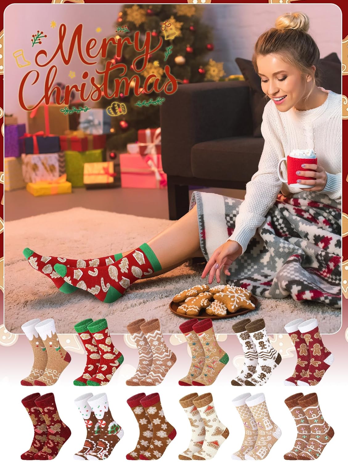 12 Pairs Funny Gingerbread Man Themed Socks Bulk Christmas Gifts for Men Women Novelty Breathable Cotton Gingerbread Man Crew Sock for Winter Xmas Gifts
