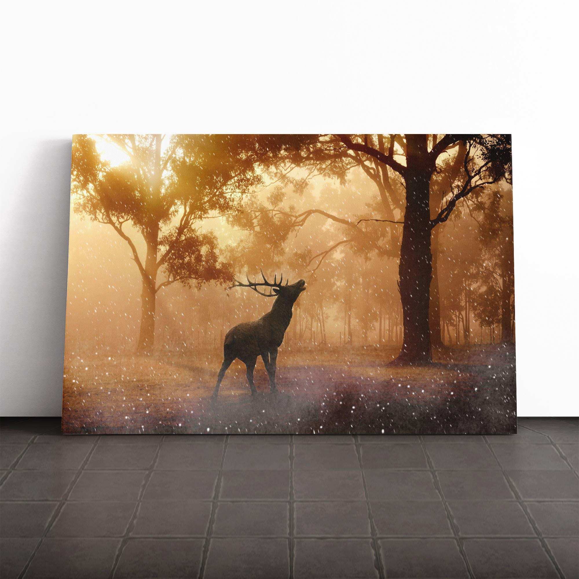 Stag in an Autumn Forest Landscape Canvas Print | Gallery Wrapped 30mm Frame Wall Art | 24x16 inches | Ready to Hang | Modern Animals Picture | Living Room Bedroom Lounge Office