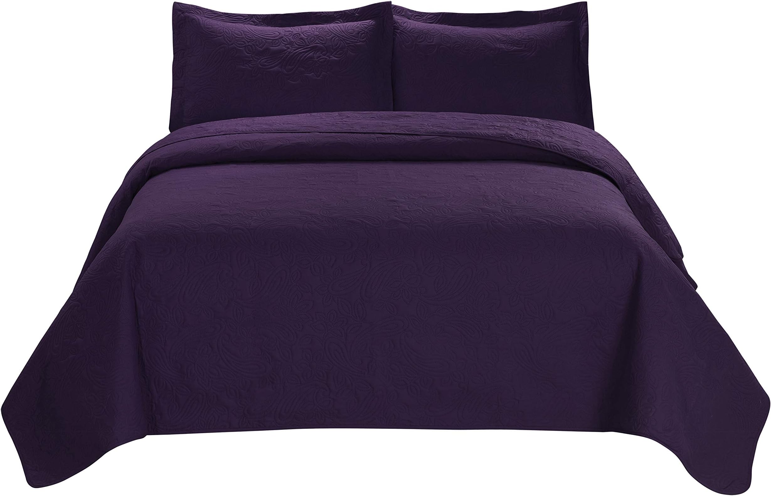 BEDnLINENS 3 Piece MIKANOS Ultrasonic Embossed Bedspread Set-Oversized Coverlet 100x106in, 118x106in (King, Purple)