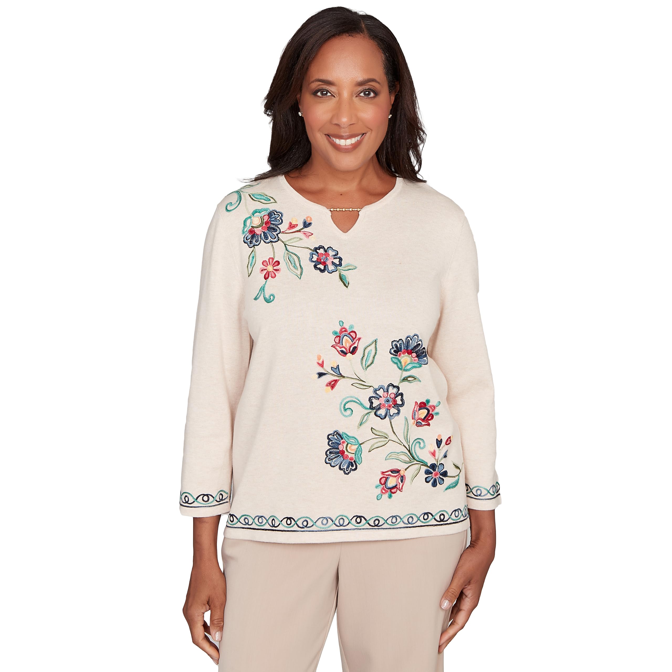 Alfred Dunner Womens Embroidered Floral Three-Quarter Sleeve Sweater