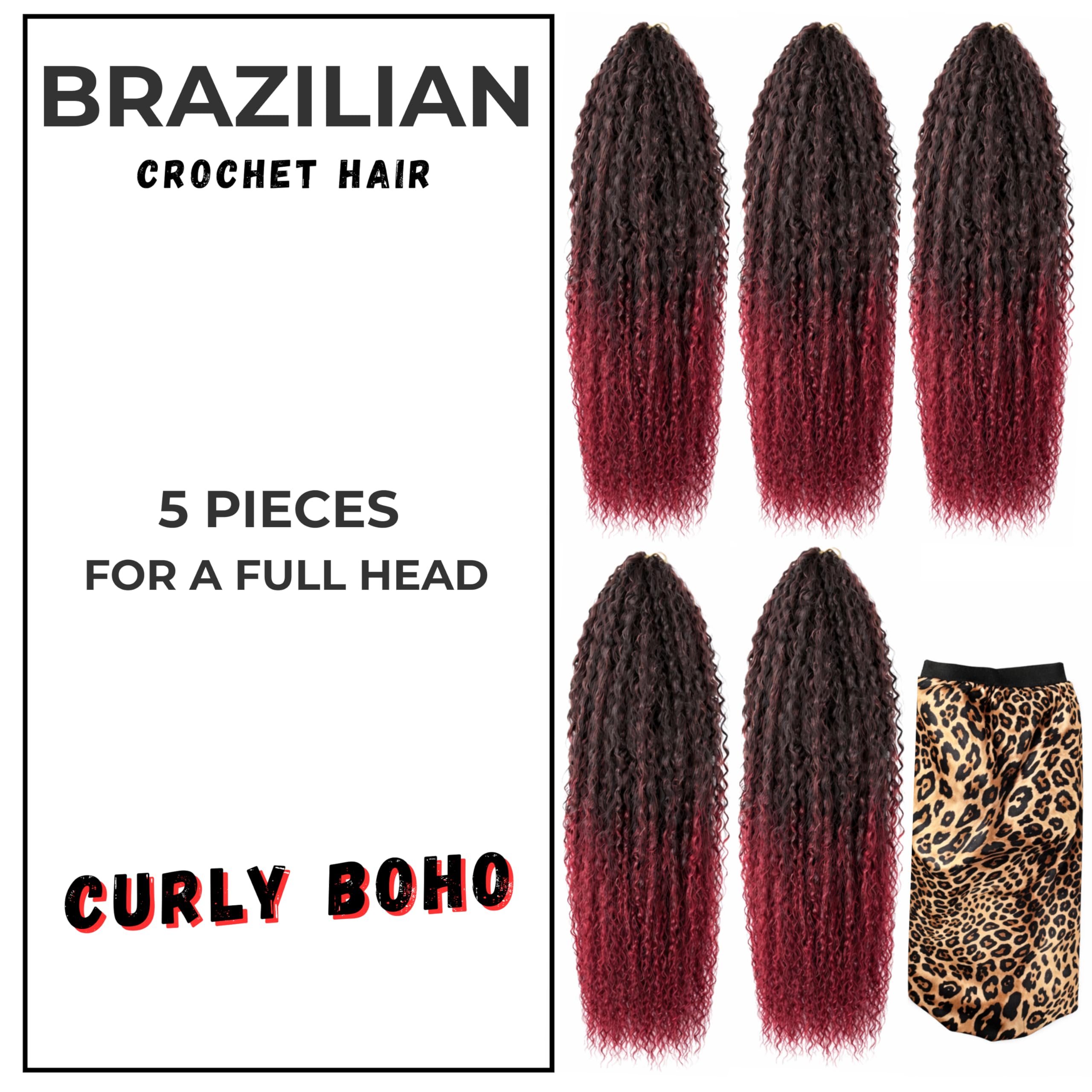 Brazilian Curly Hair Boho - extension per trecce a crochet capelli dall’ aspetto naturale - Kanekalon Premium 600 grammi divisi in 5 pezzi + cuffia da notte in raso in omaggio (T-BUG, 60cm 24")