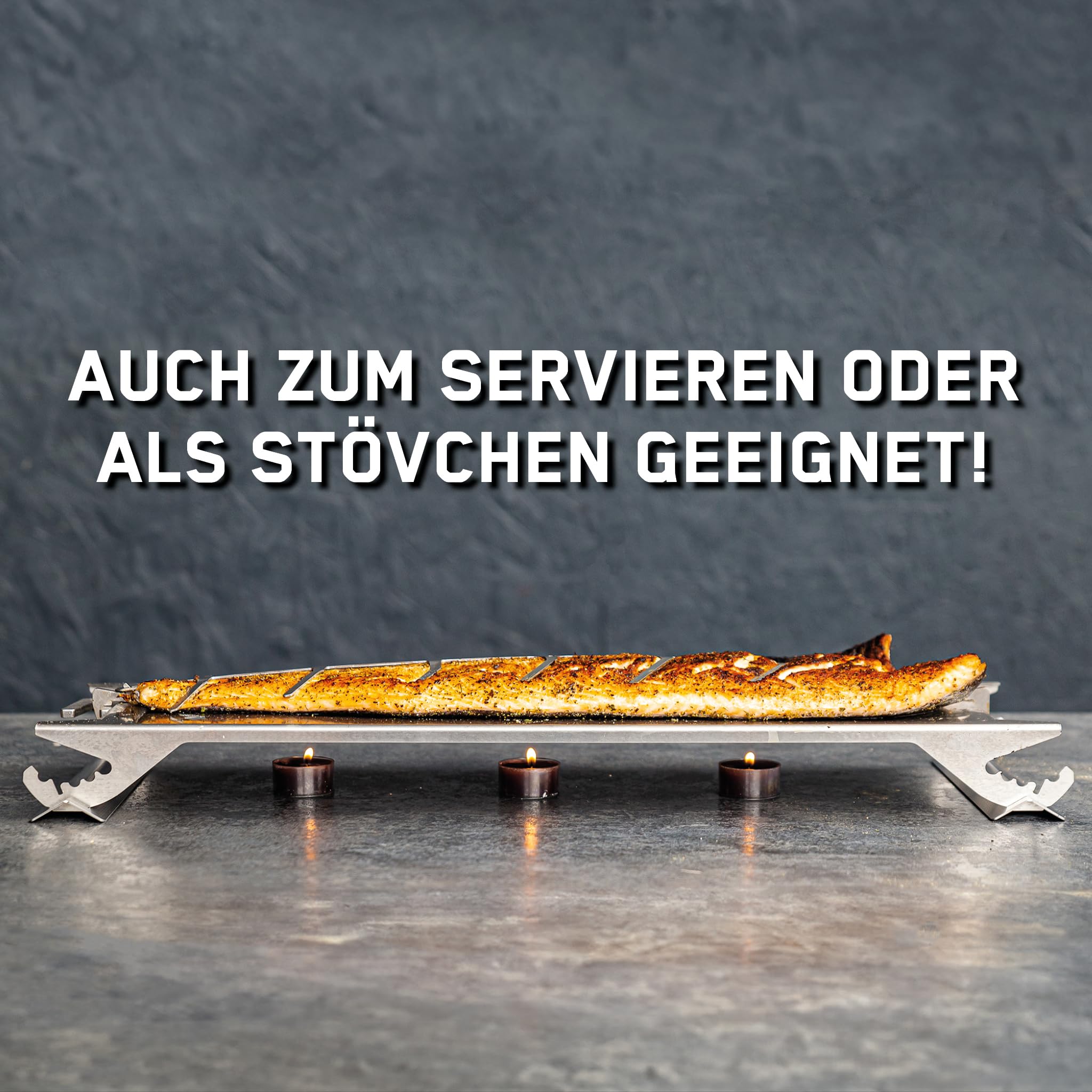 FENNEK Edelstahl Flammlachshalter für Feuerschalen & Kugelgrills | mit speziellem Spannmechanismus- Keine Schrauben nötig | 180° drehbar | Perfekte Alternative zum Flammlachsbrett | Made in Germany
