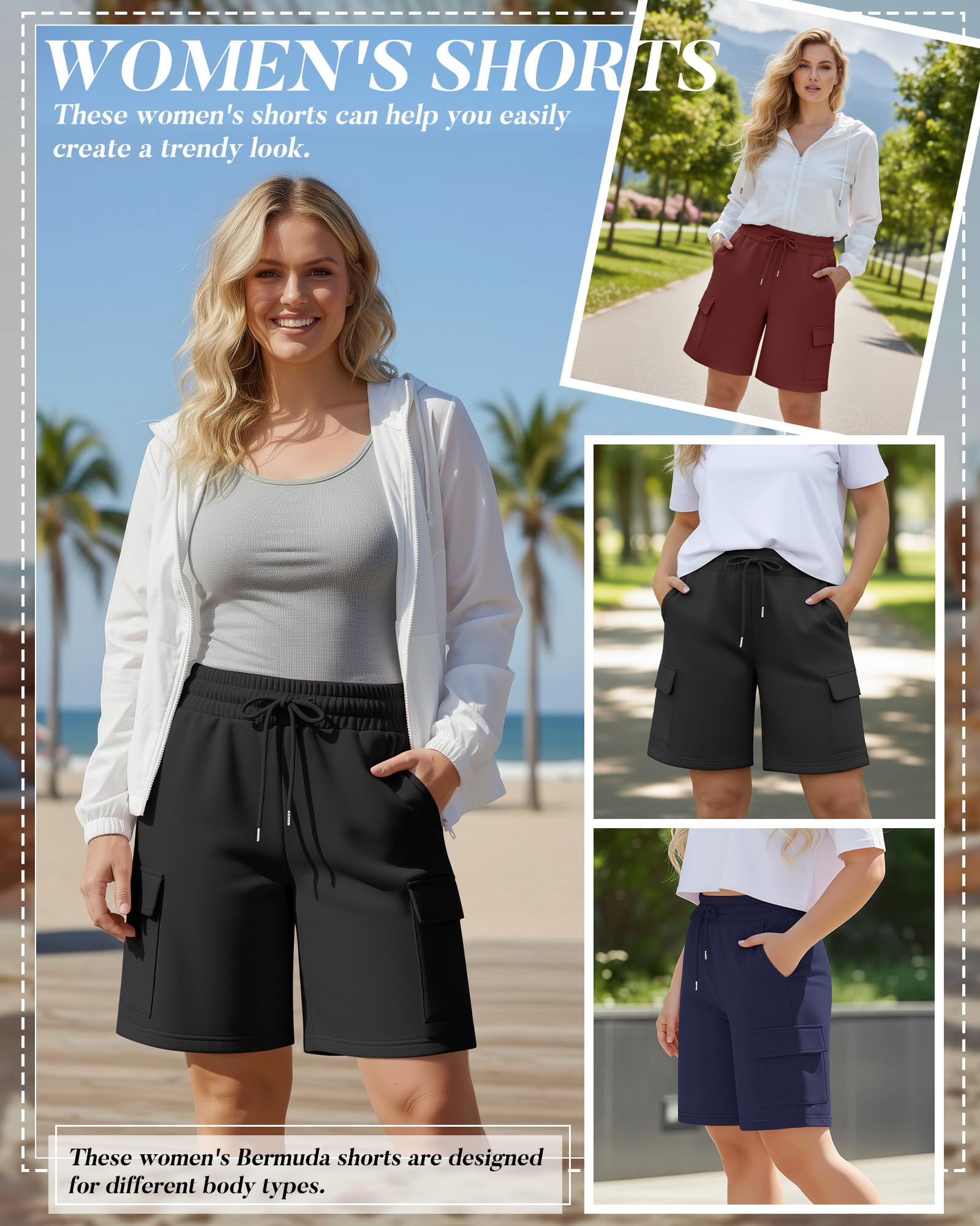 Neer Paquete de 3 bermudas para mujer, talla grande, pantalones cortos cargo hasta la rodilla, casuales, largos, sueltos, atléticos, para yoga, con bolsillos