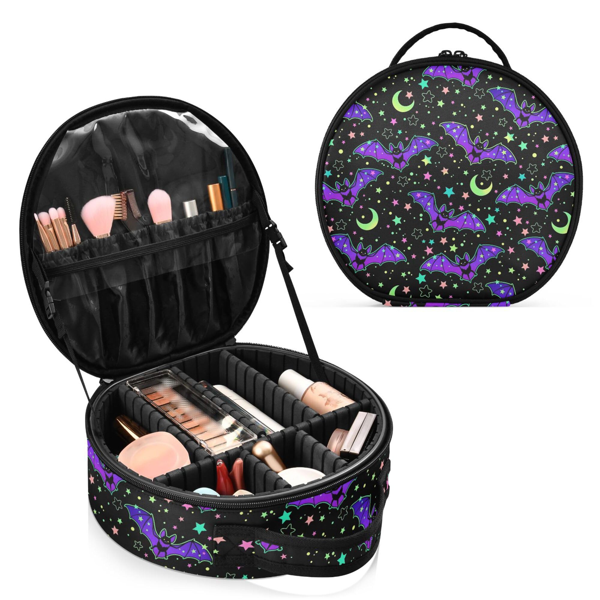 MNSRUU Gothic-Make-up-Tasche für Damen, Vintage, Make-up-Tasche, groß, Reise-lila Fledermaus, Gothic-Kosmetiktasche, Kulturbeutel mit verstellbaren Trennwänden, tragbar für Kosmetik, Make-up-Pinsel,