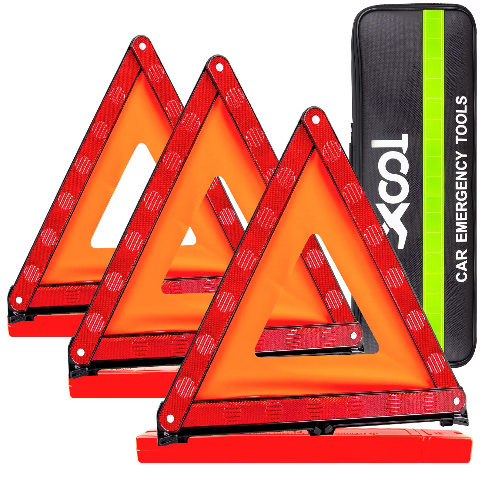 XOOL Lot de 3 Triangles de Signalisation Voiture, Triangle de Présignalisation Pliables avec Boîte de Rangement, Haute Visibilité Réfléchissante, Base Stable Antidérapante, Kit Sécurité Routière