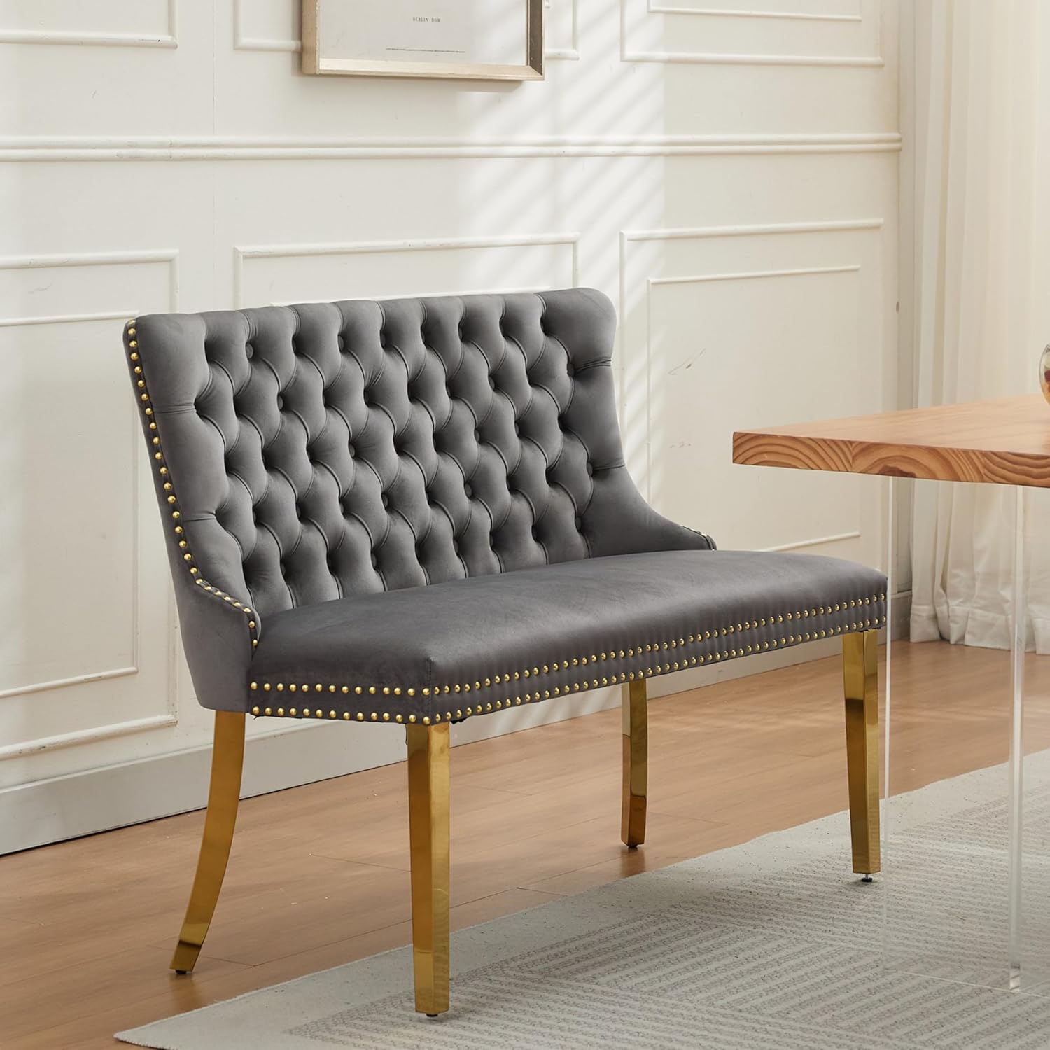 mikibama Luxury Settee Dining Bench with Back,Velvet Upholstered Banquette Benches with Nailhead Trim,Button Tufted Small Loveseat Sofa Couch Booth Seating for Small Spaces(Gray Gold)