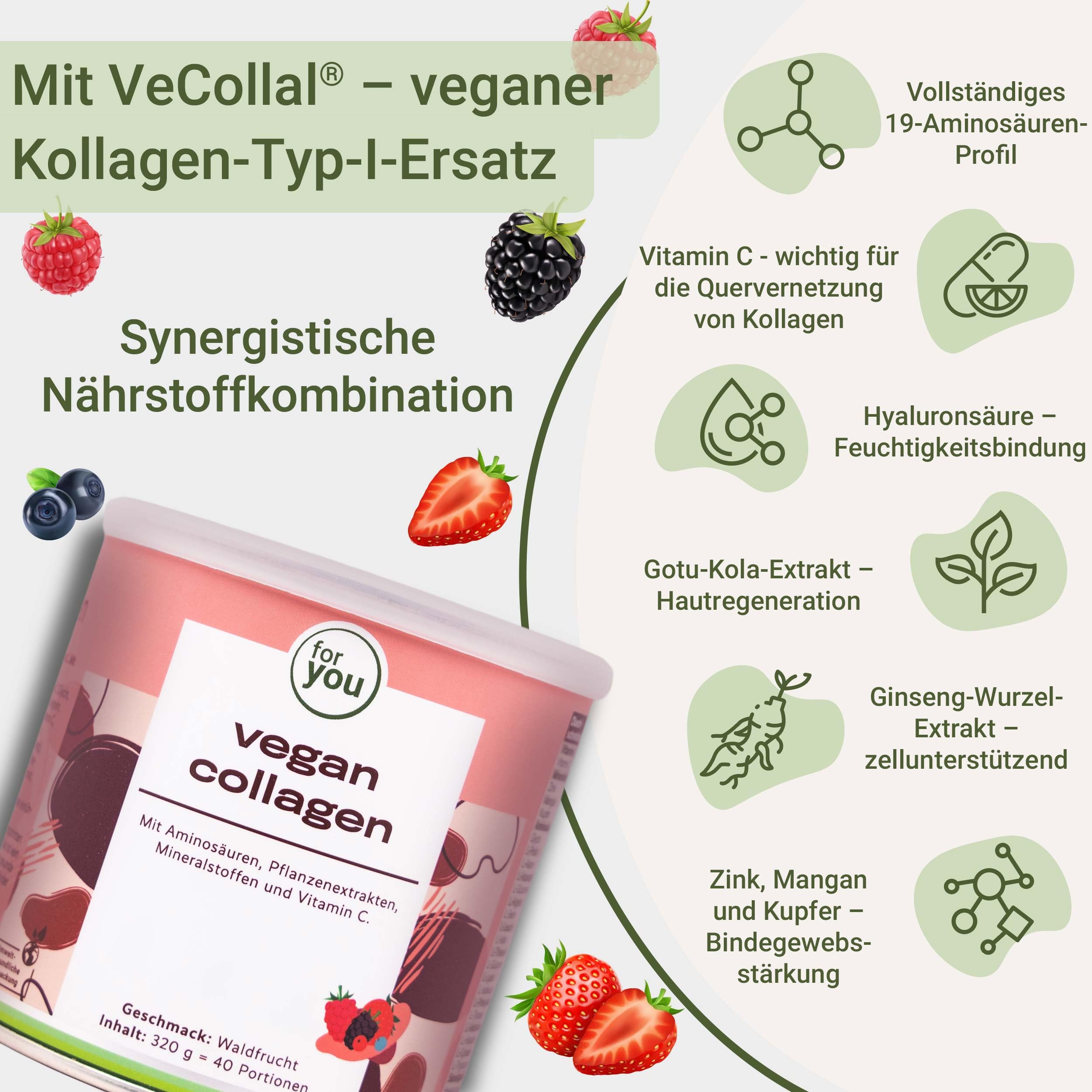 for you vegan collagen Pulver Waldfrucht + Hyaluronsäure Doppelpack - Enthält vegane Typ-1-Kollagenalternative VeCollal®, ohne Zucker, mit Biotin, Vitamin C, Zink & Silizium – für Haut, Haare & Nägel