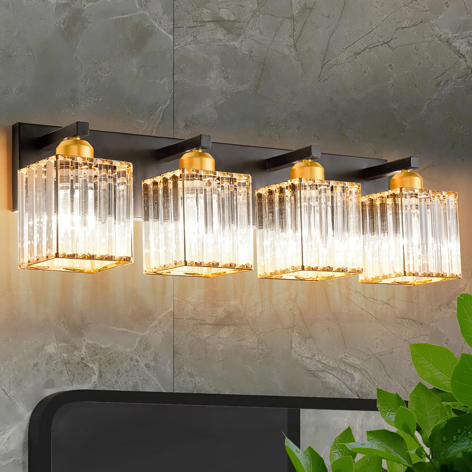 DIAMONDFORGE Bathroom Vanity Light Fixtures Over Mirror - Makeup Lighting Black Gold - for Modern Wall, Bath, Desk, Farmhouse, Hallway 4 Crystal Lights